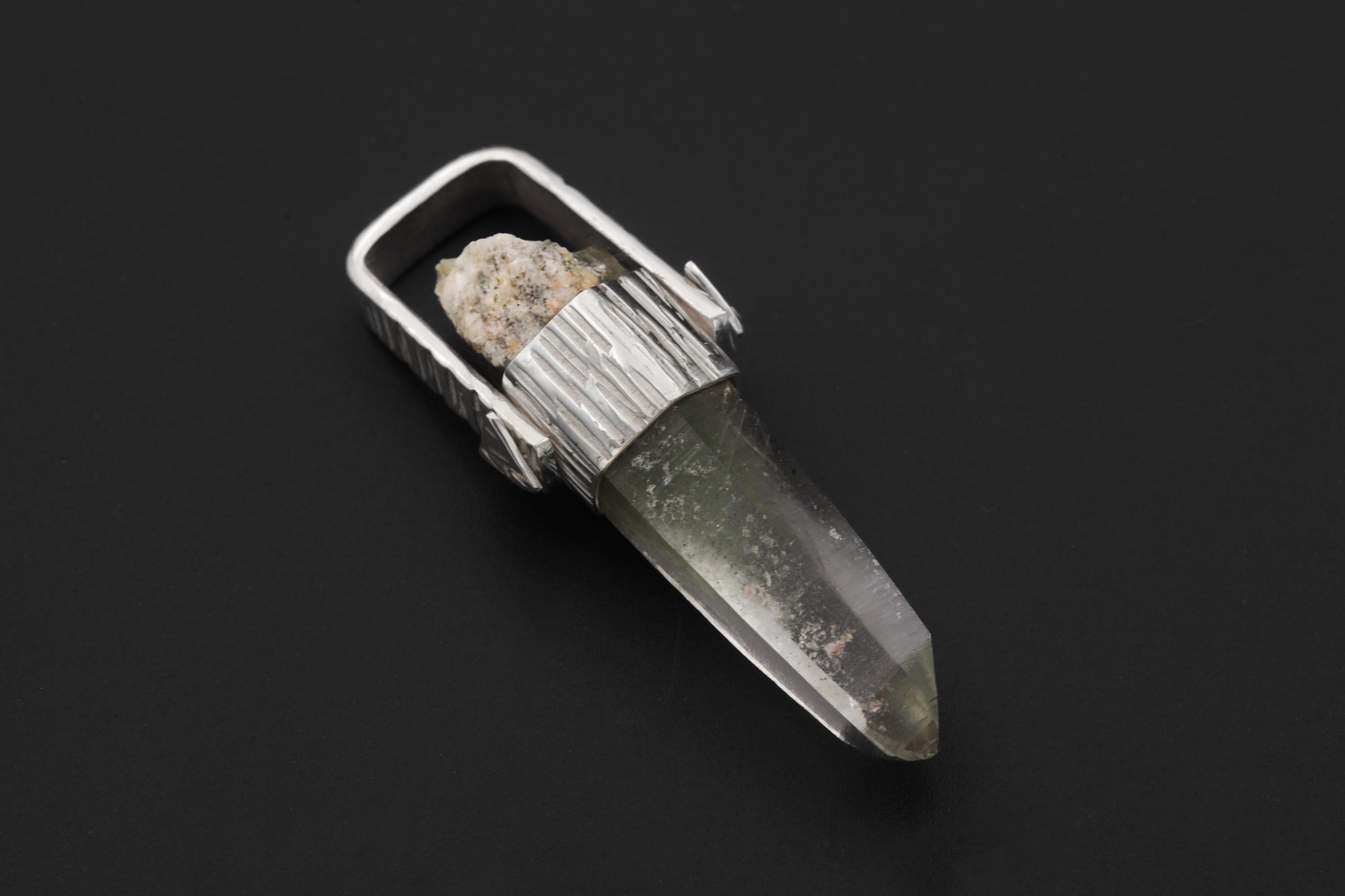 Himalayan Lemurian Laser Chlorite Rutile Quartz Point Pendant, Sterling Silver, Line Hammered Texture, High Shine Finish, Healing Jewelry