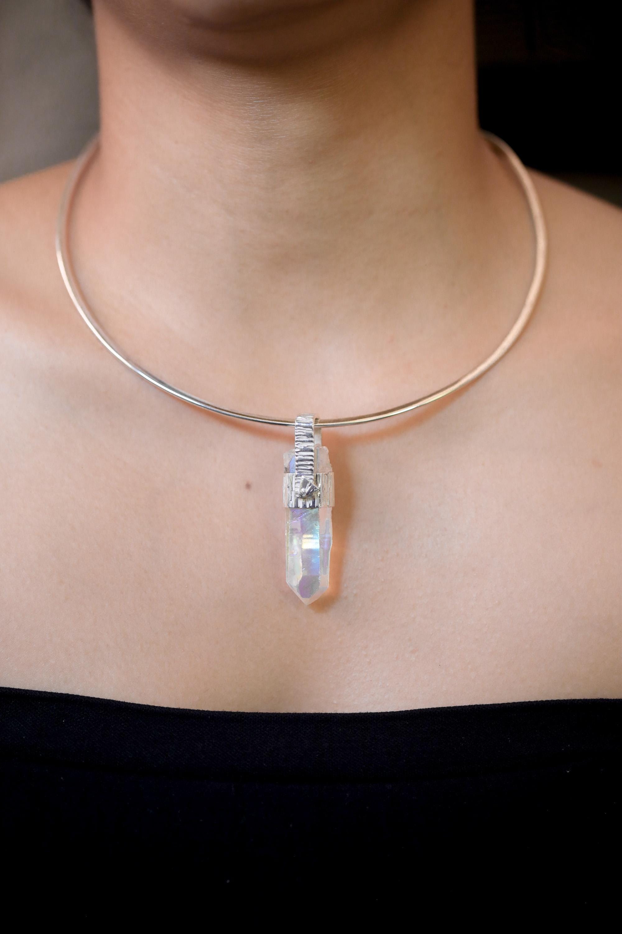 Lemurian Laser Opal Angle Aura Quartz Point Pendant, Sterling Silver, Hammered Texture, High Polish, Chakra Energy, Minimalist Talisman