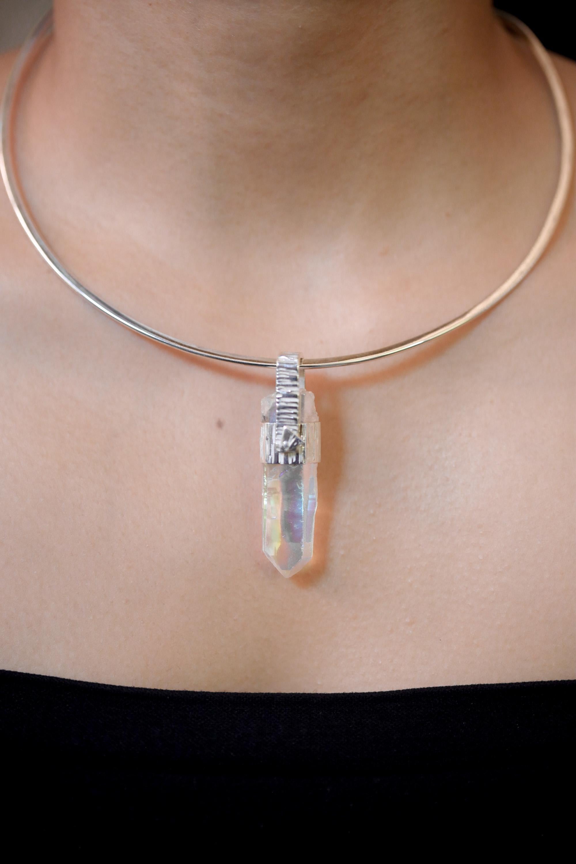 Lemurian Laser Opal Angle Aura Quartz Point Pendant, Sterling Silver, Hammered Texture, High Polish, Chakra Energy, Minimalist Talisman