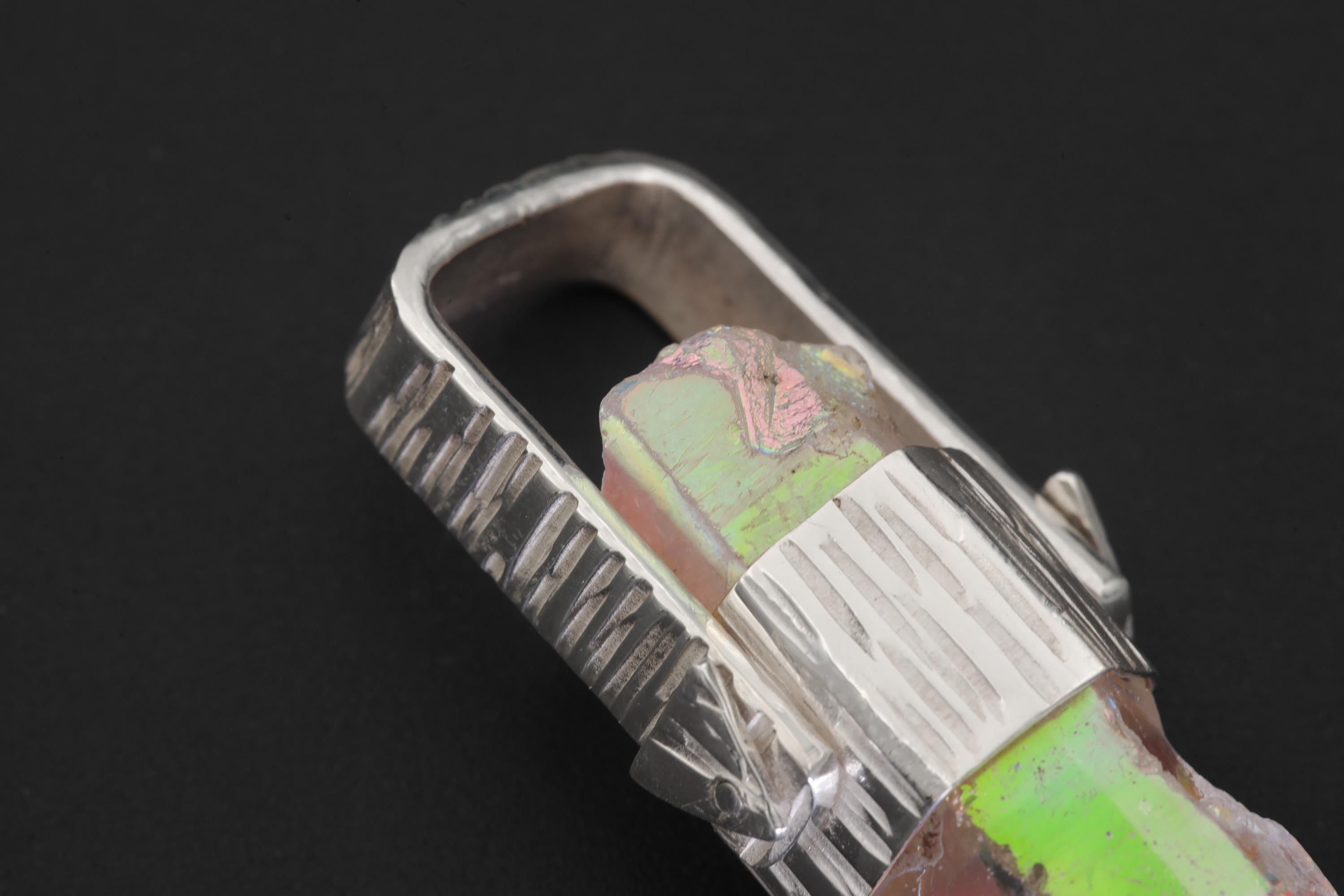 Lemurian Aura Quartz Point Pendant, Hammered Sterling Silver Talisman