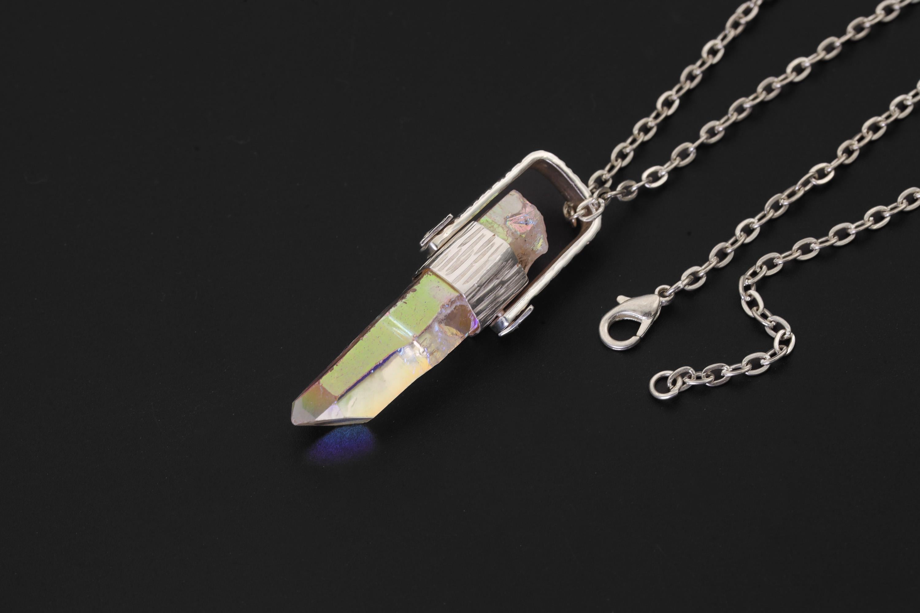 Lemurian Laser Opal Angle Aura Quartz Point Pendant, Sterling Silver, Hammered Texture, High Polish, Chakra Energy, Minimalist Talisman