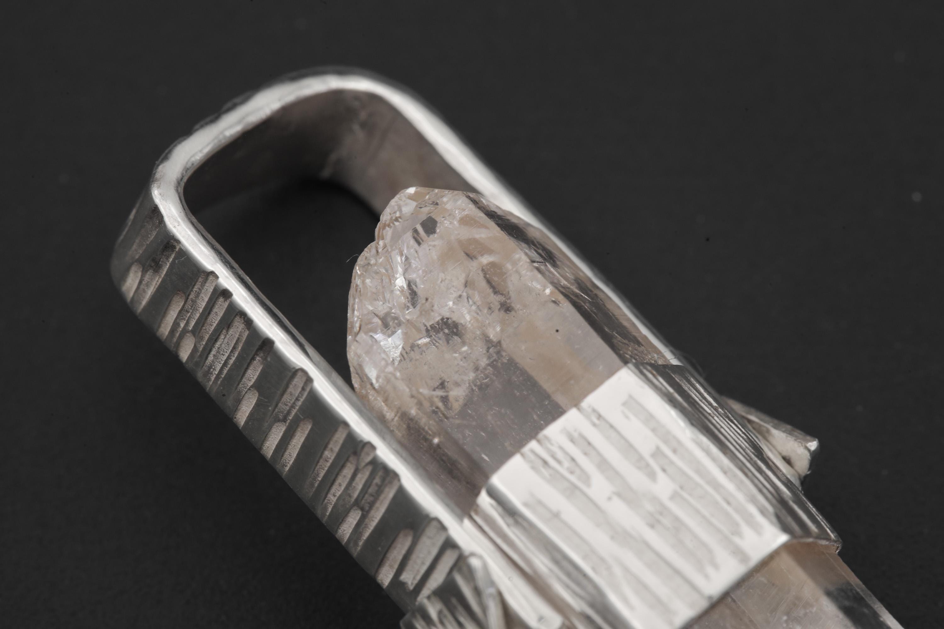 Himalayan Lemurian Rainbow Inclusion Clear Quartz Point Pendant, 925 Silver, High Shine, Hammered Texture, Meditation Crystal Talisman