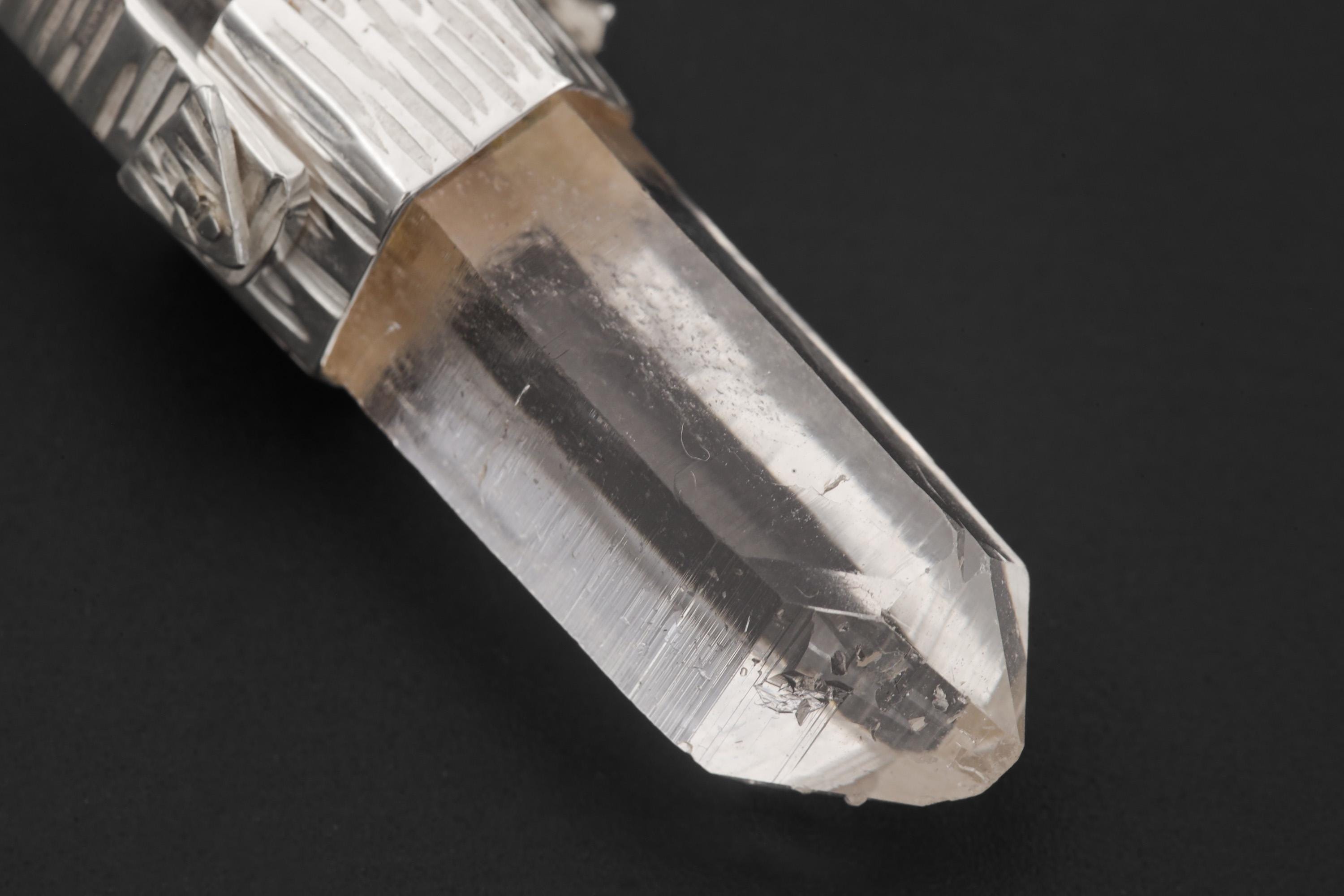 Himalayan Lemurian Rainbow Inclusion Clear Quartz Point Pendant, 925 Silver, High Shine, Hammered Texture, Meditation Crystal Talisman