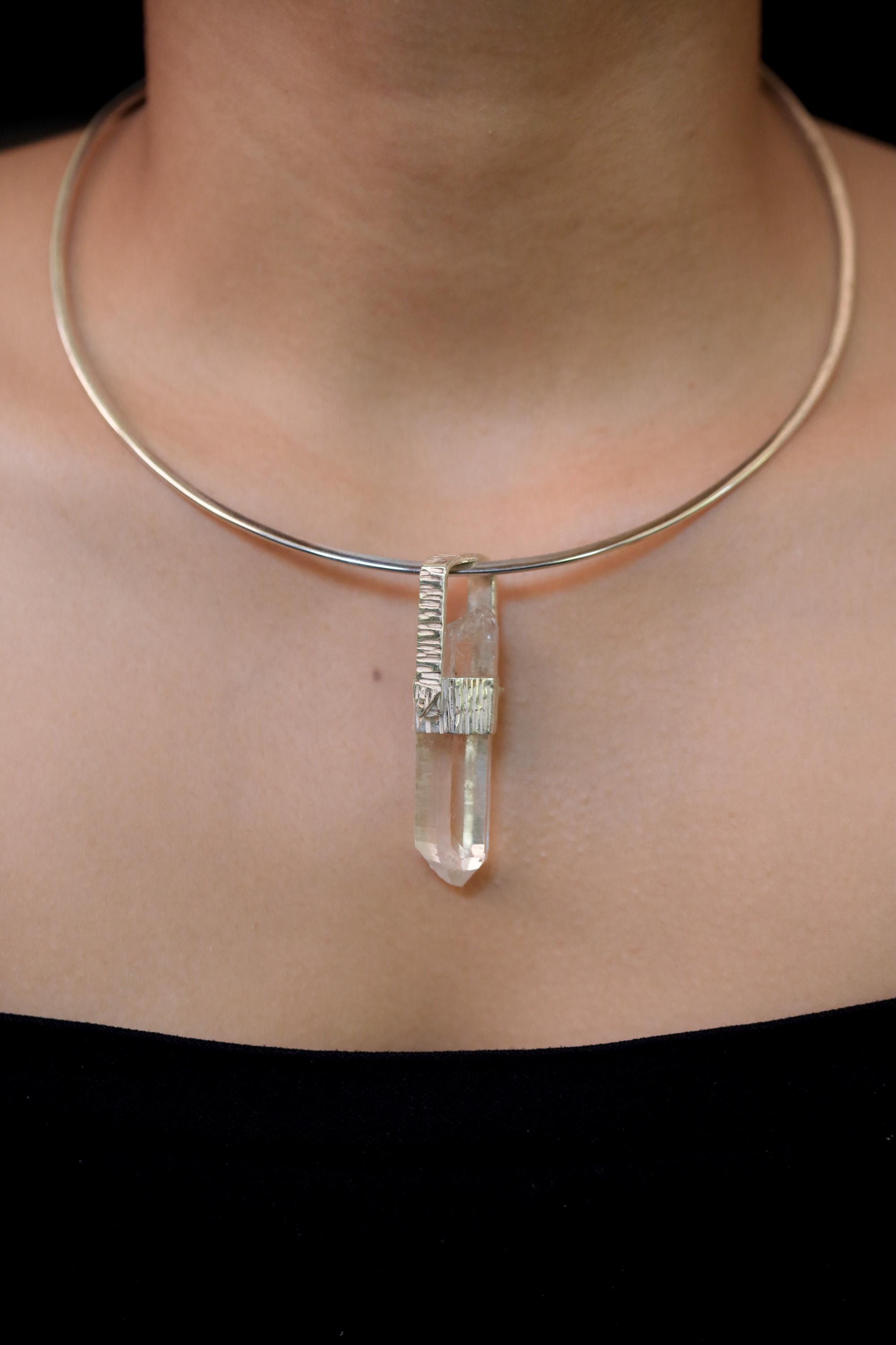 Himalayan Lemurian Rainbow Inclusion Clear Quartz Point Pendant, 925 Silver, High Shine, Hammered Texture, Meditation Crystal Talisman