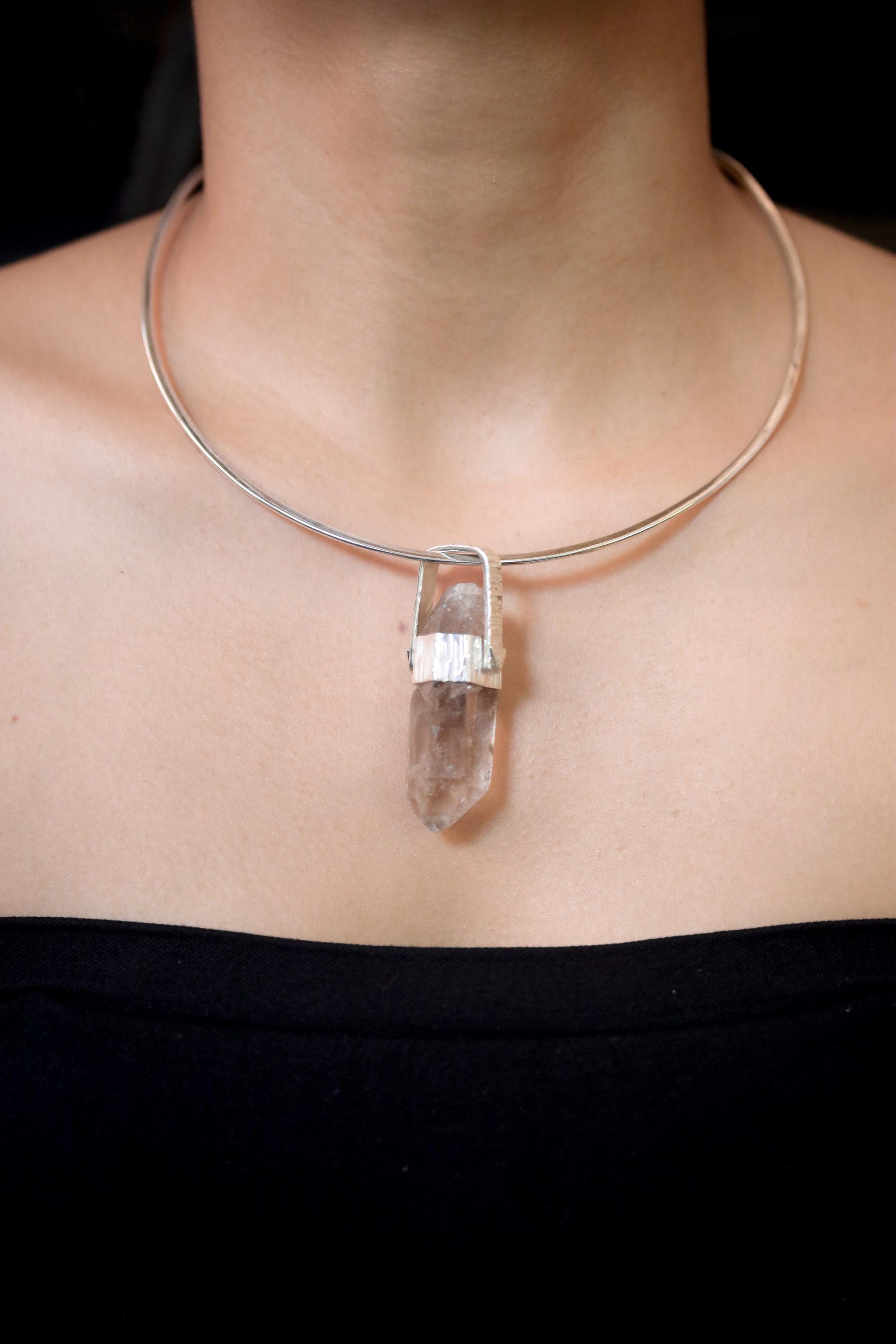 Hand Fossicked Light Smoky Rainbow Inclusion Generator Quartz Point Pendant, 925 Silver, High Shine, Hammered Texture, Minimalist Jewelry