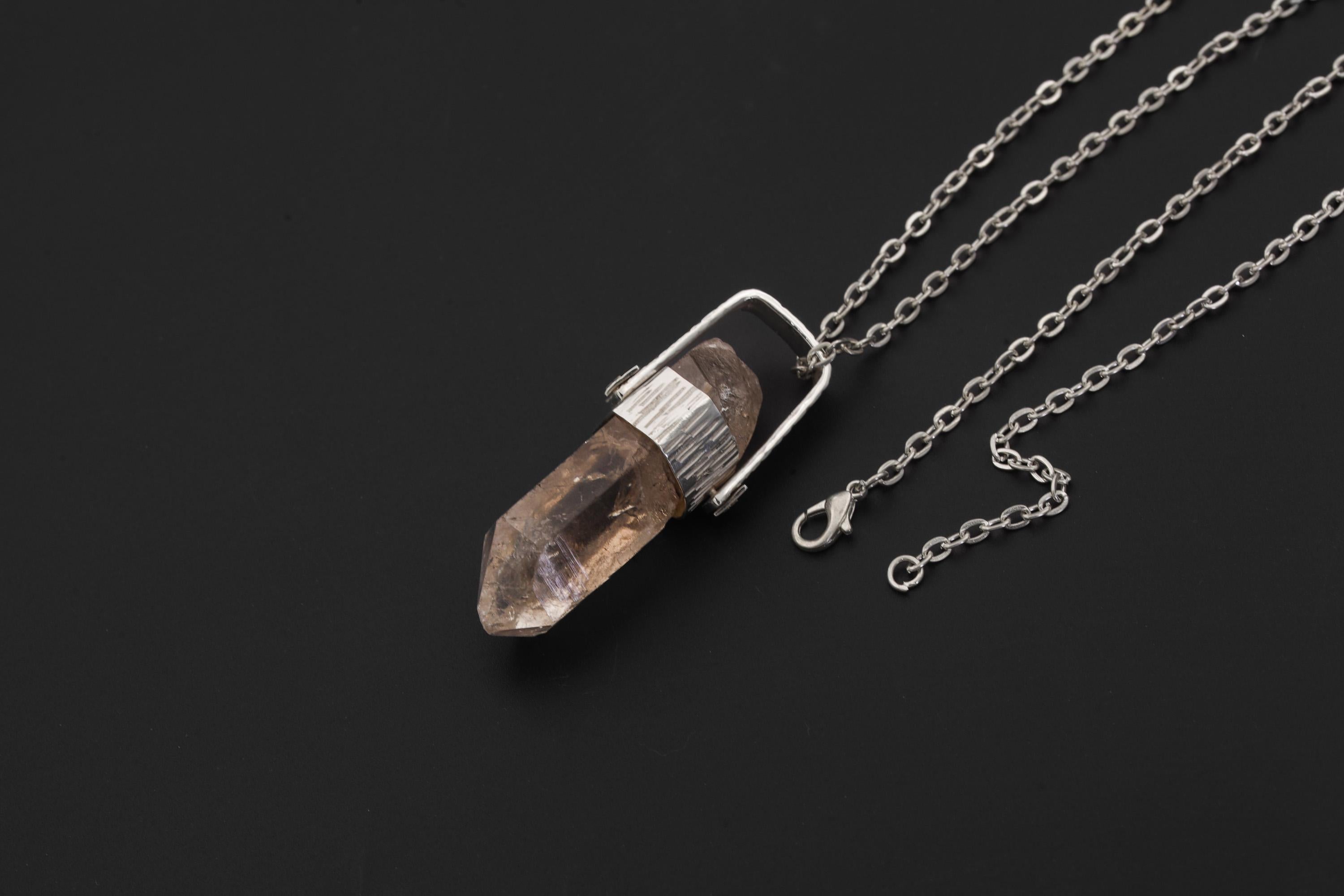 Hand Fossicked Light Smoky Rainbow Inclusion Generator Quartz Point Pendant, 925 Silver, High Shine, Hammered Texture, Minimalist Jewelry