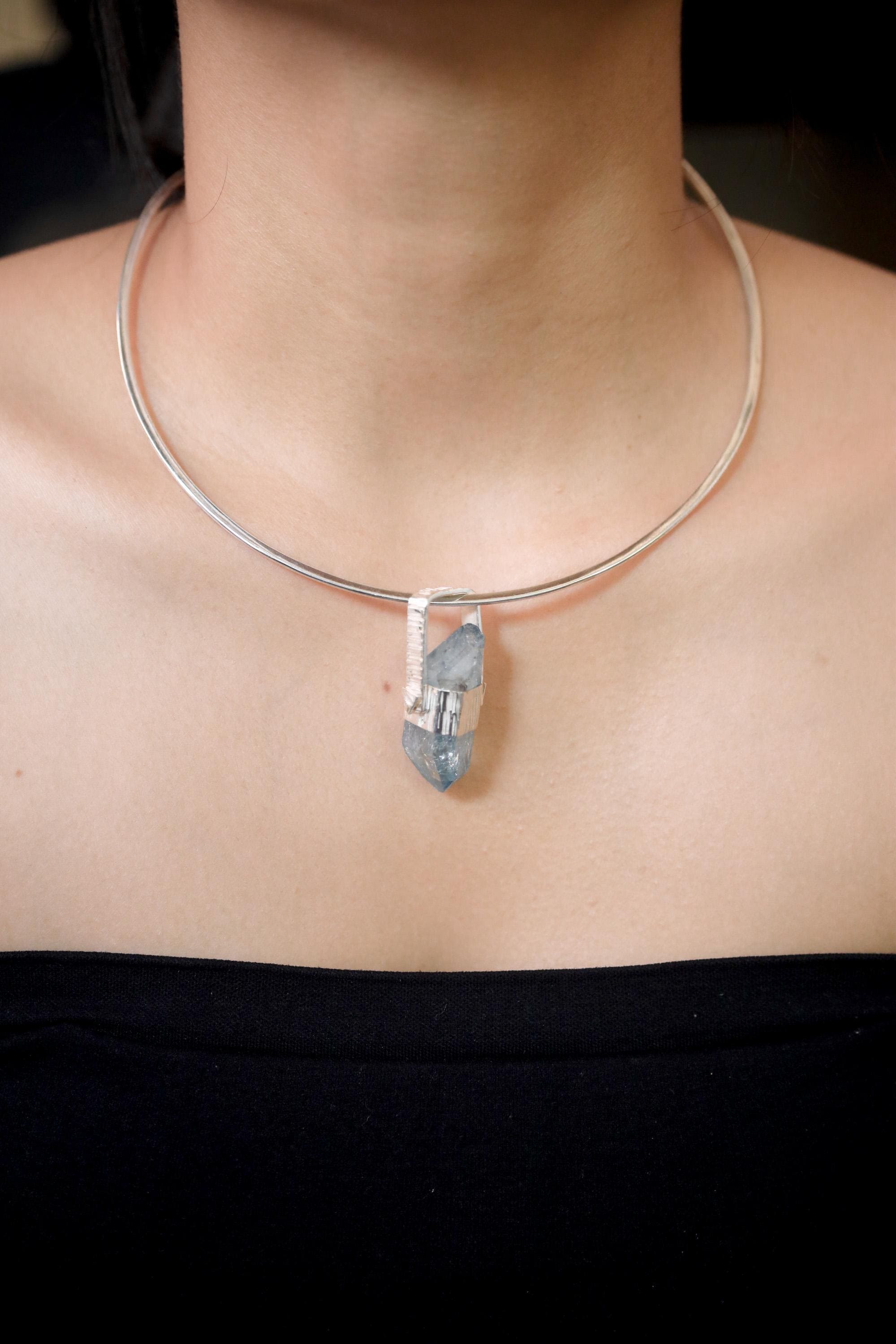 Double Terminated Rainbow Inclusion Window Aqua Aura Quartz Point Pendant Silver, High Shine Hammered Wrap, Hinged Bail, Crystal Jewelry