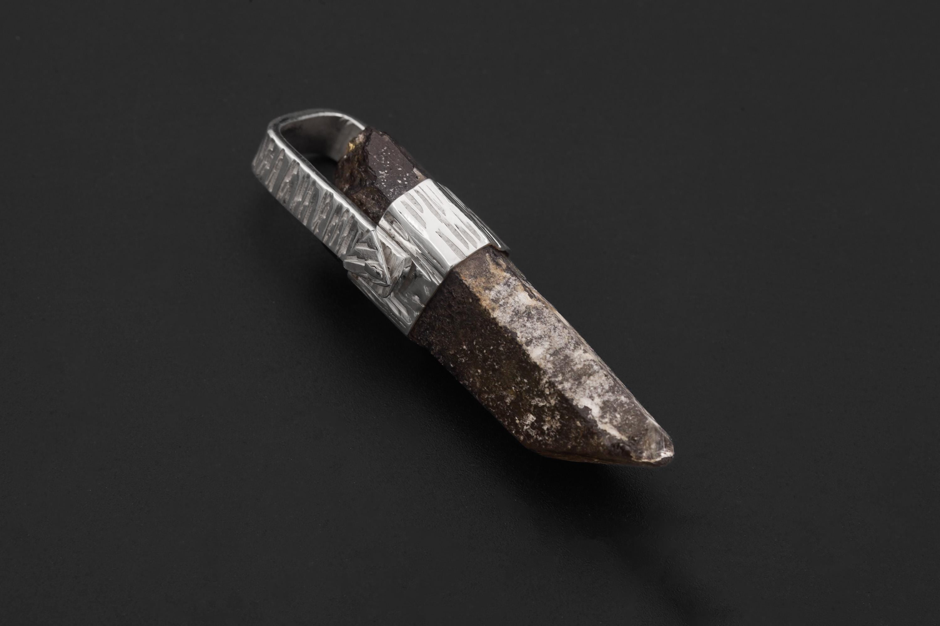 Australian Record Keeper Rainbow Inclusion Citrine Quartz Point Pendant 925 Silver High Shine Finish Hammered Texture Crystal Jewelry