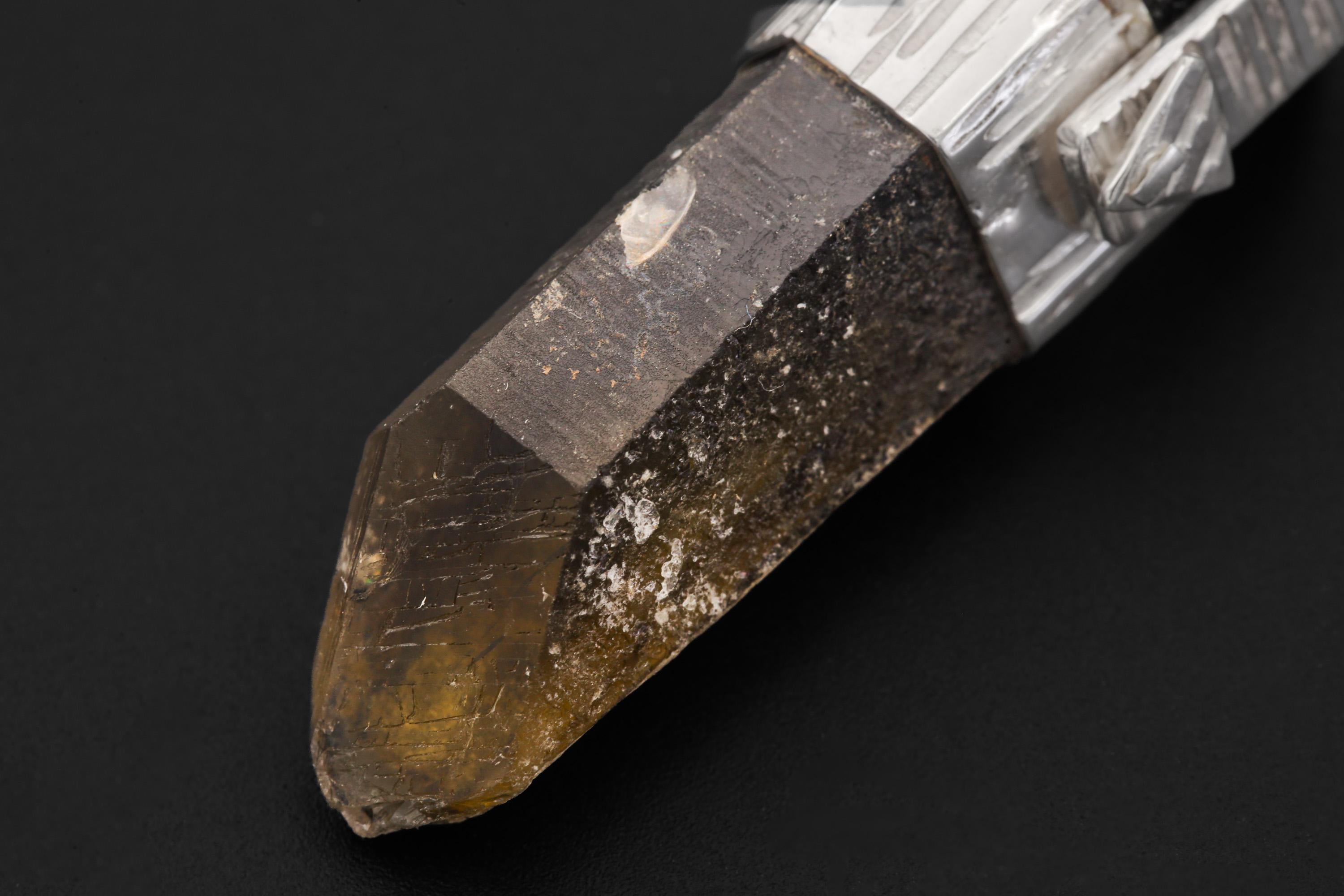 Australian Citrine Quartz Point Pendant, 925 Silver, Rainbow Inclusion