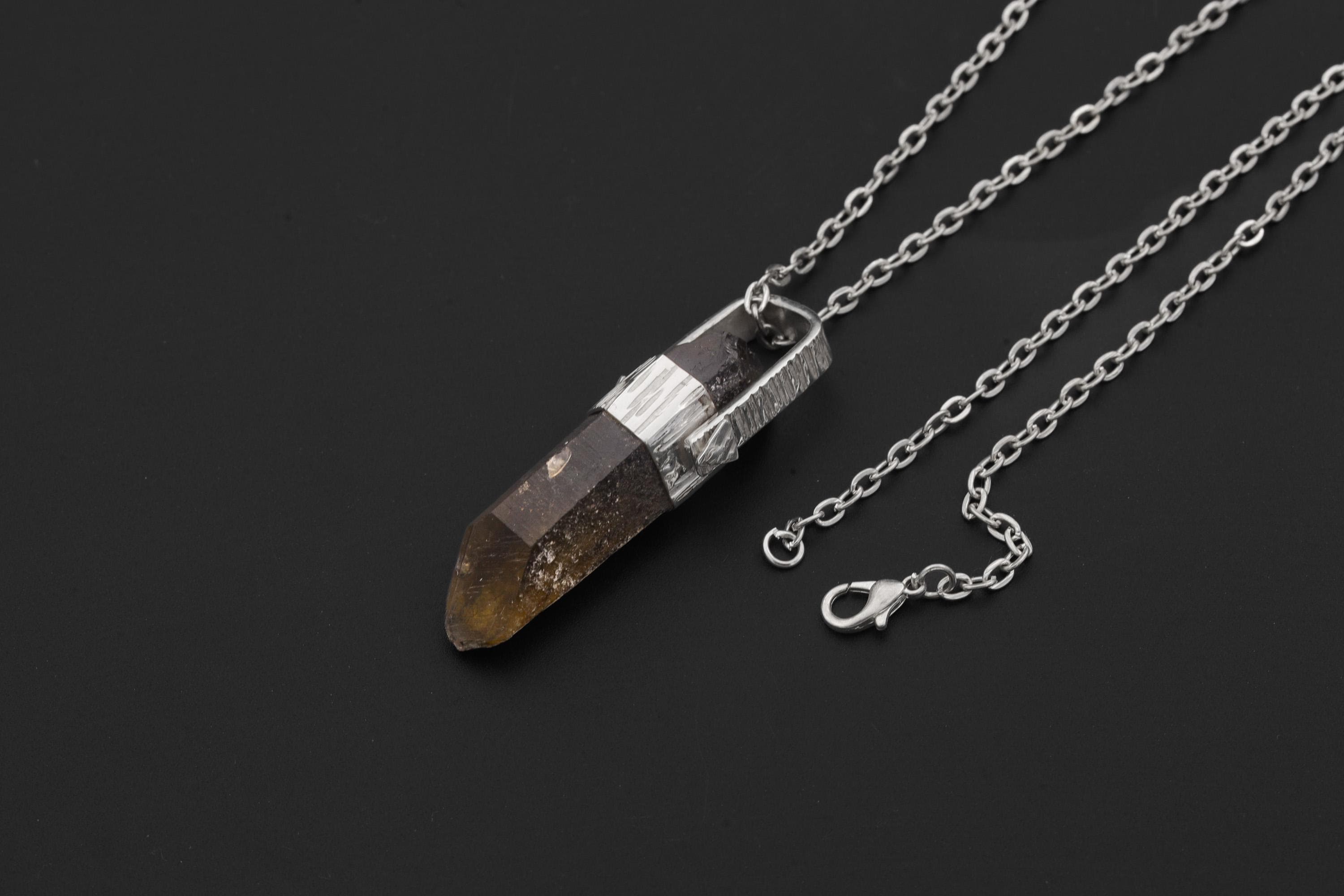 Australian Record Keeper Rainbow Inclusion Citrine Quartz Point Pendant 925 Silver High Shine Finish Hammered Texture Crystal Jewelry
