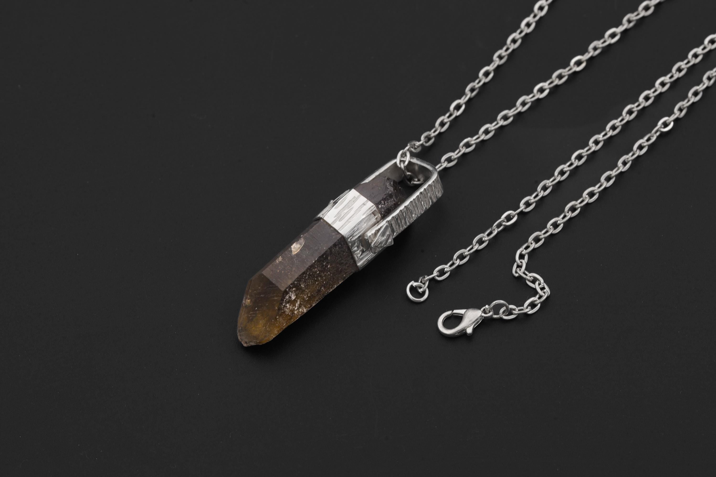 Australian Citrine Quartz Point Pendant, 925 Silver, Rainbow Inclusion