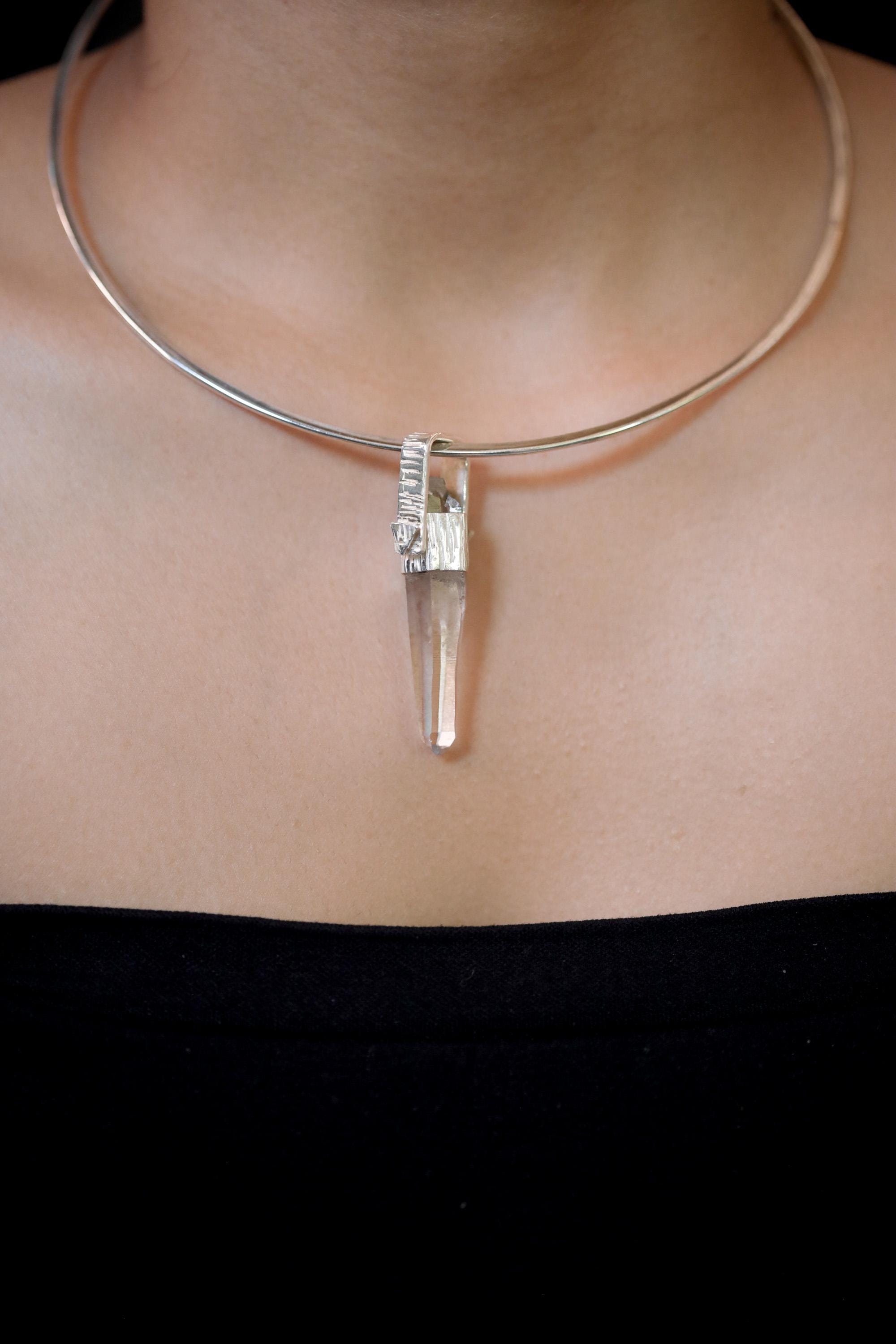 Lemurian Himalayan Laser Manifestation Quarts Point Pendant, 925 Silver, High Shine Finish, Hammered Texture, Chakra Healing Crystal Jewelry