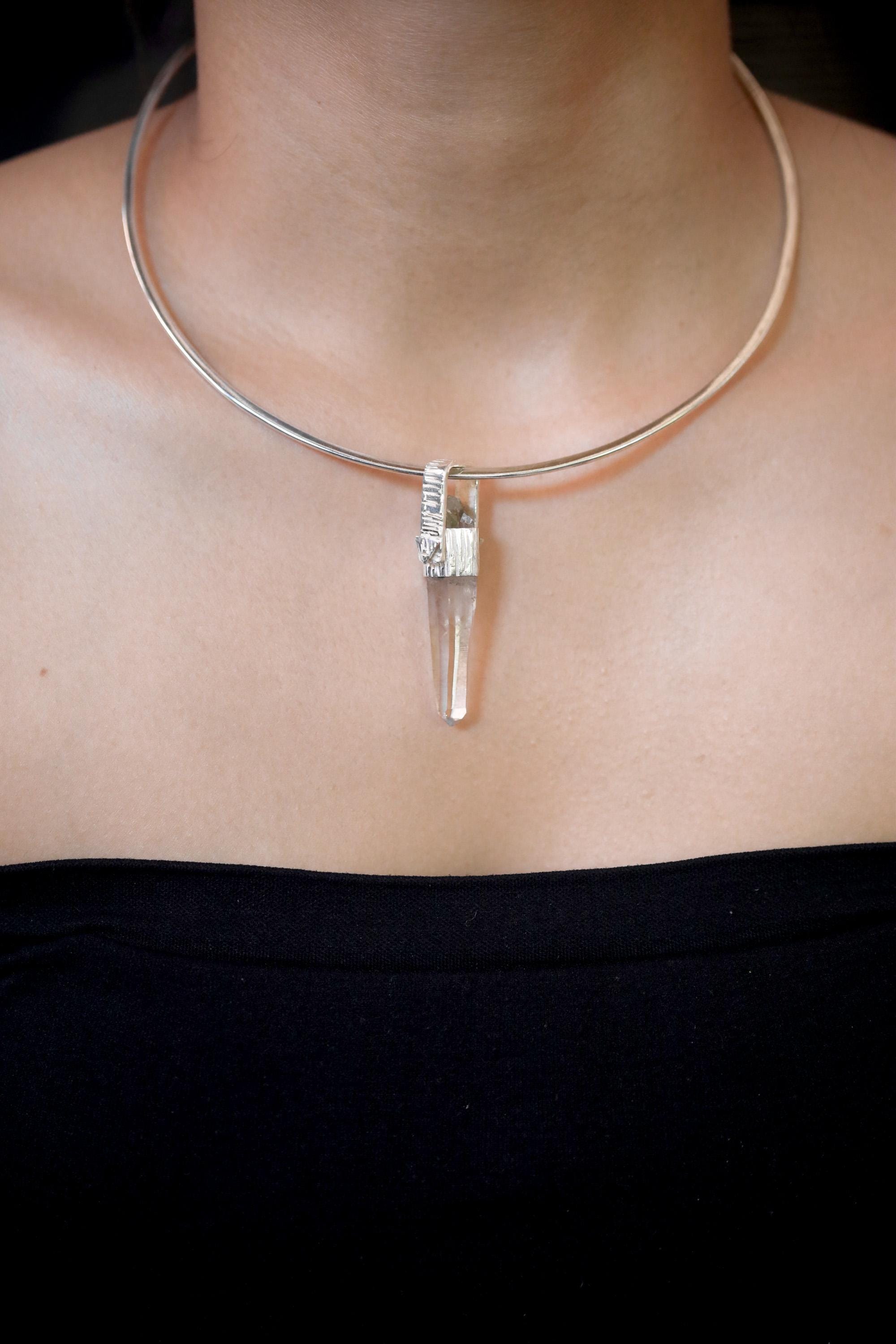 Lemurian Himalayan Laser Manifestation Quarts Point Pendant, 925 Silver, High Shine Finish, Hammered Texture, Chakra Healing Crystal Jewelry