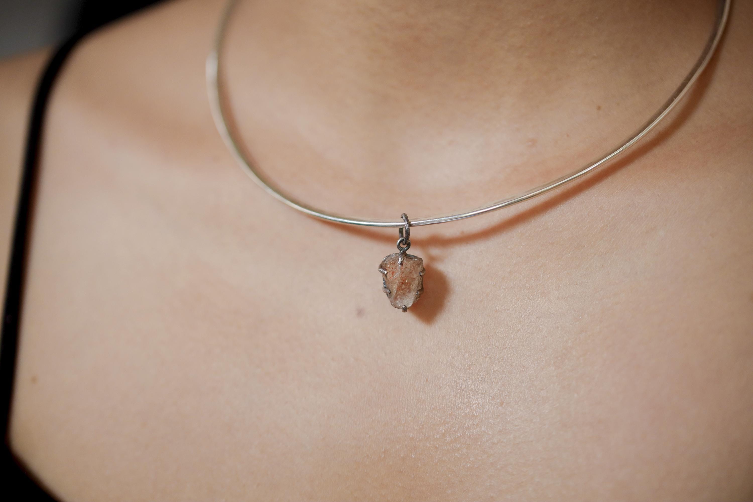 Raw Sunstone Pendant, Hammered Sterling Silver Claw Setting, Healing Jewelry
