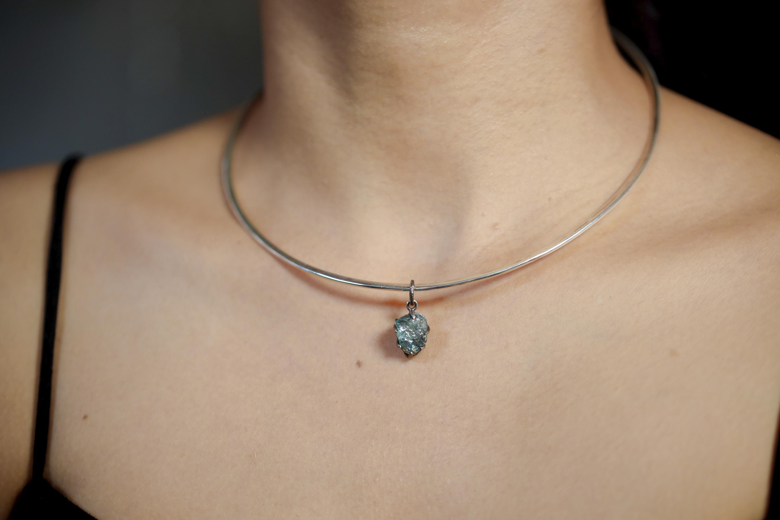 Aqua Blue Facet Grade Natural Gem Aquamarine Chunk, Sterling Silver Pendant, Claw Setting, Hammer Textured & Oxidized, Healing Crystal Gift