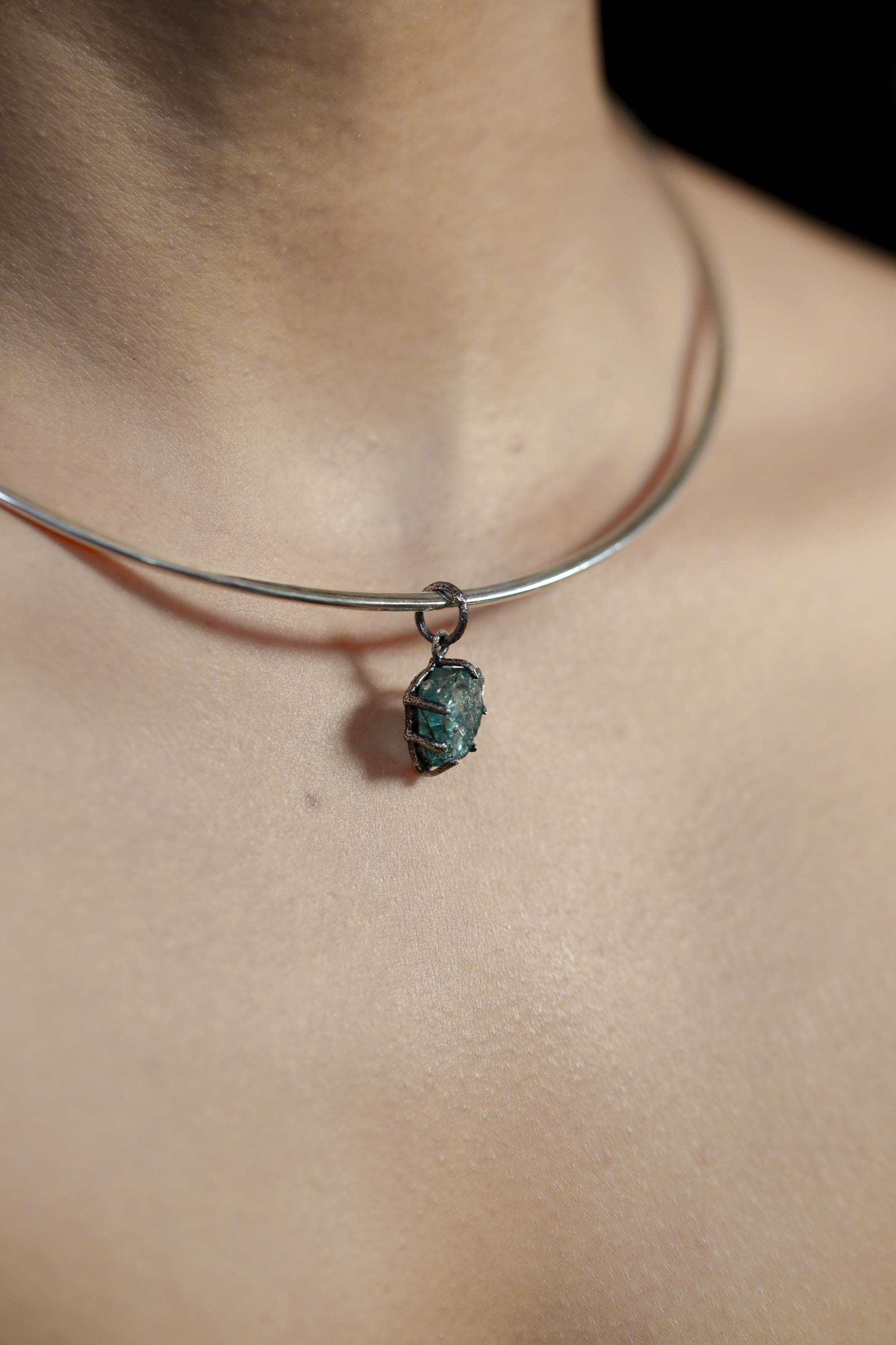 Aqua Blue Facet Grade Natural Gem Aquamarine Chunk, Sterling Silver Pendant, Claw Setting, Hammer Textured & Oxidized, Healing Crystal Gift