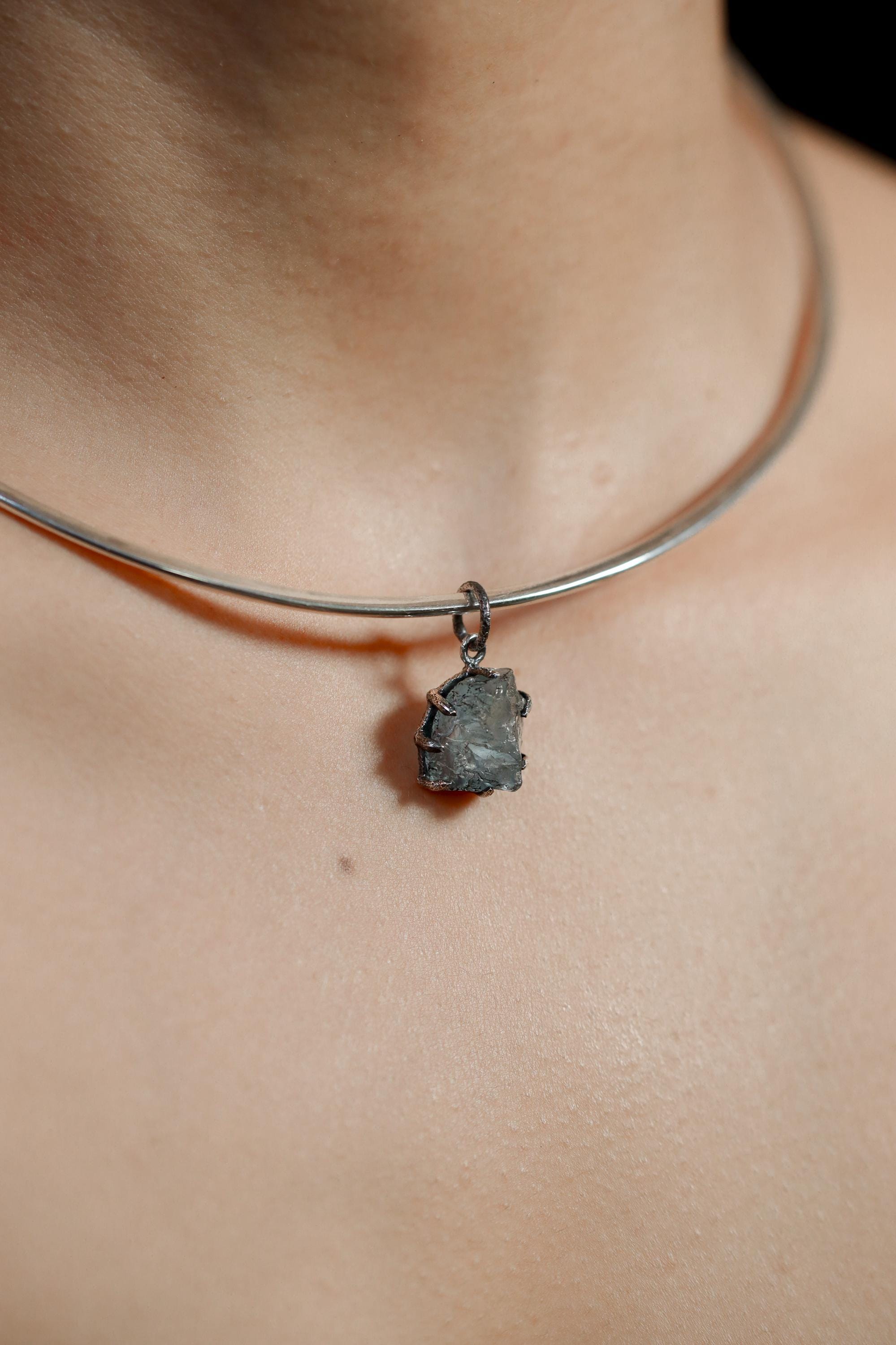 Dark Blue Facet Grade Natural Gem Aquamarine Chunk Pendant Sterling Silver Claw Setting, Hammer Texture, Oxidized Finish, March Birthstone