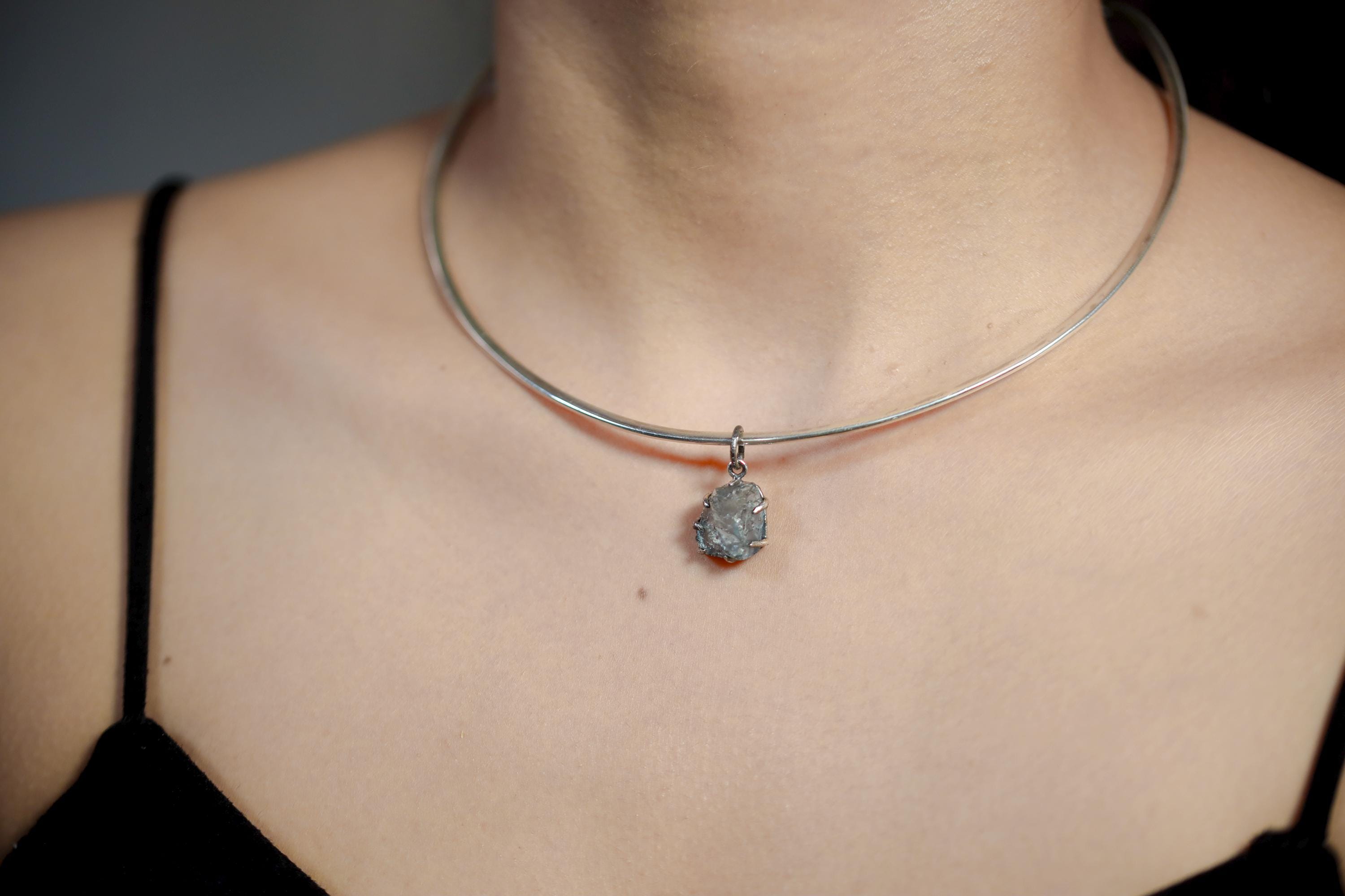 Dark Blue Facet Grade Natural Gem Aquamarine Chunk Pendant Sterling Silver Claw Setting, Hammer Texture, Oxidized Finish, March Birthstone