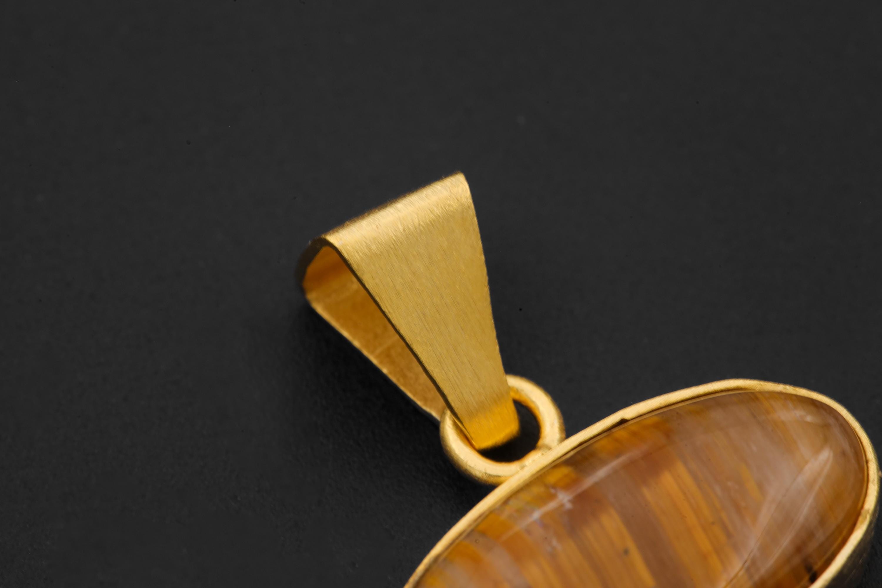 Golden Rutile & Dravite Brown Tourmaline Pendant, 18K Gold Plated 925 Silver, Brushed Textured Talisman, Chakra Energy, Handmade Jewelry