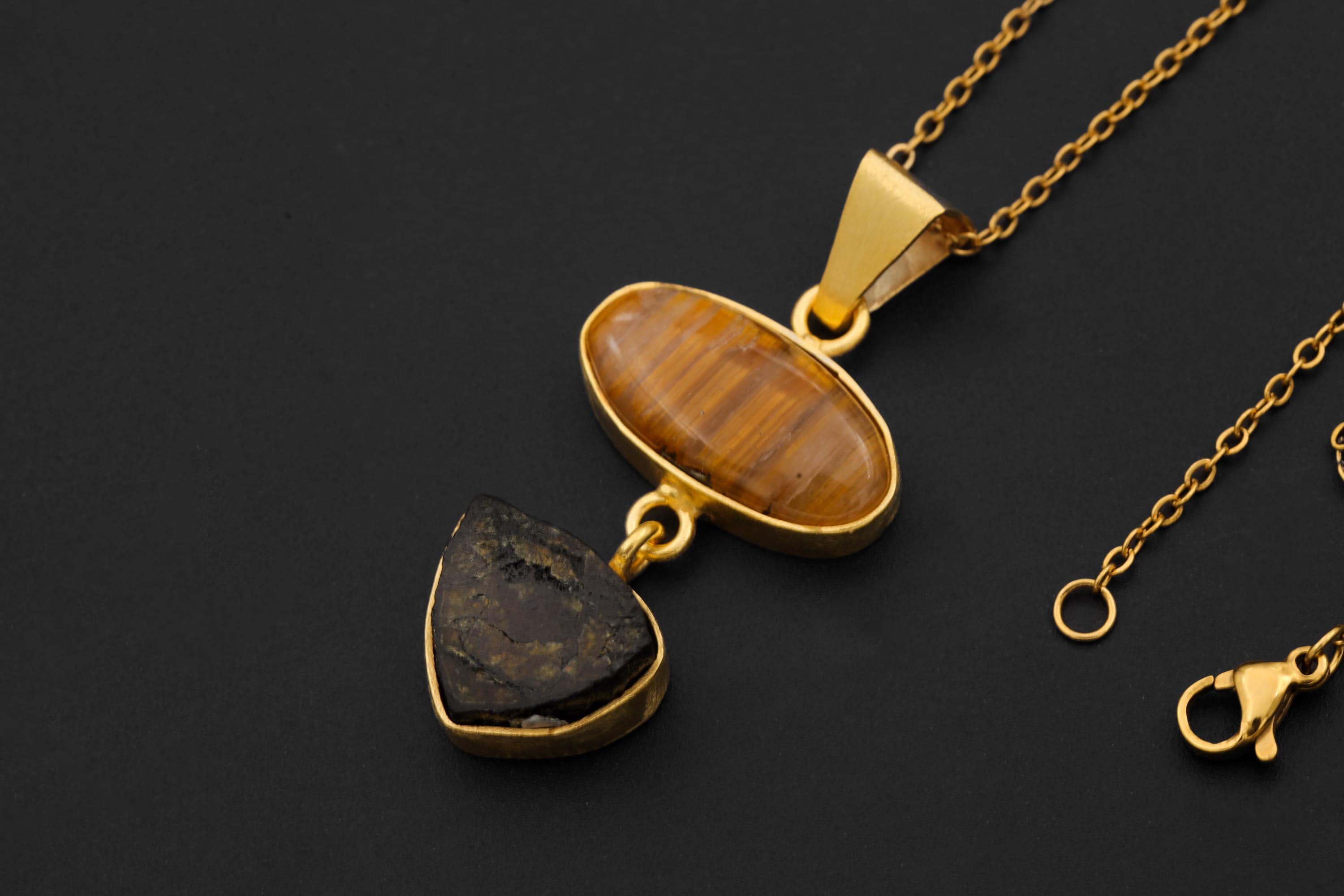 Golden Rutile & Dravite Brown Tourmaline Pendant, 18K Gold Plated 925 Silver, Brushed Textured Talisman, Chakra Energy, Handmade Jewelry