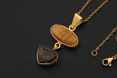 Golden Rutile & Dravite Brown Tourmaline Pendant, 18K Gold Plated 925 Silver, Brushed Textured Talisman, Chakra Energy, Handmade Jewelry