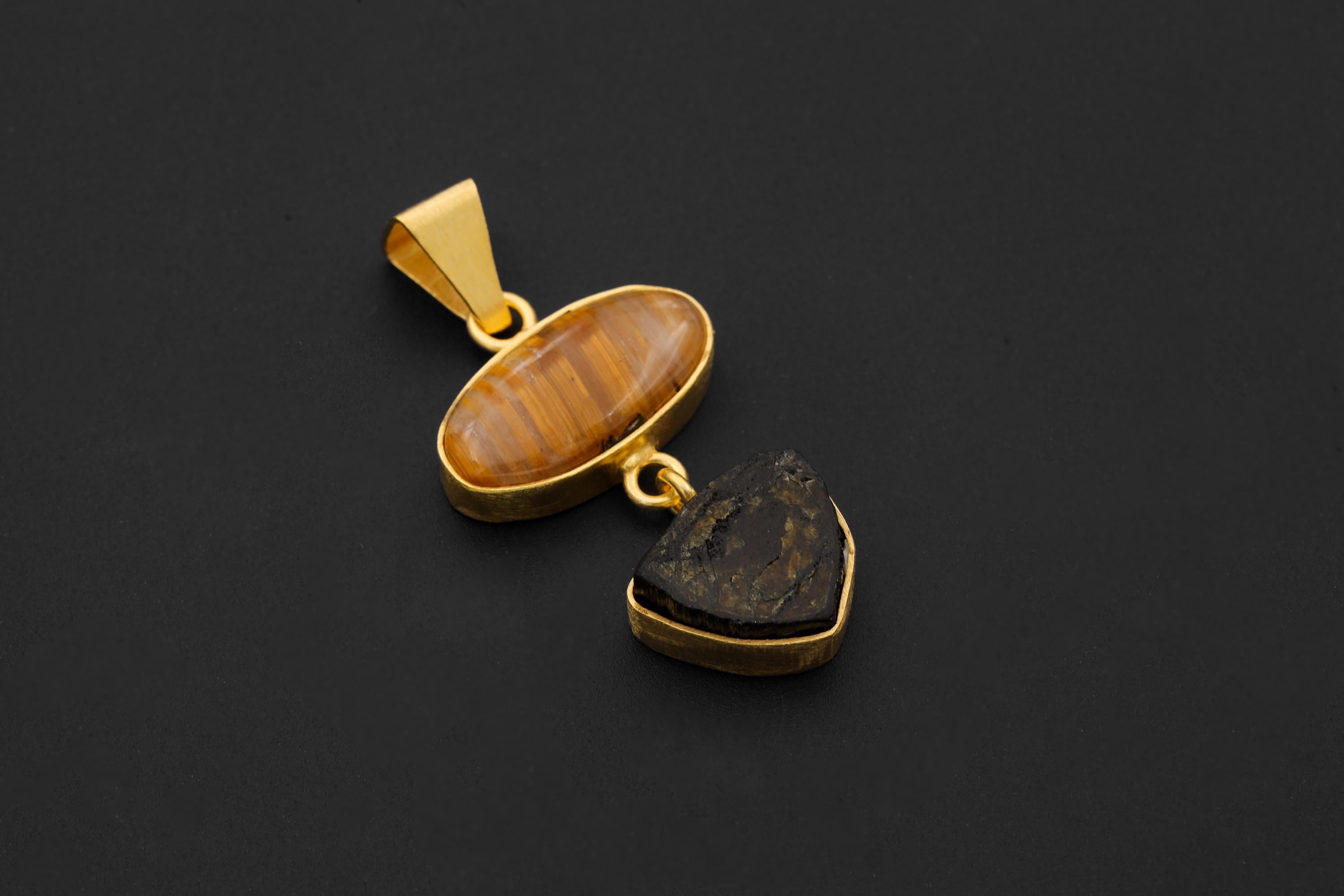 Golden Rutile & Dravite Brown Tourmaline Pendant, 18K Gold Plated 925 Silver, Brushed Textured Talisman, Chakra Energy, Handmade Jewelry