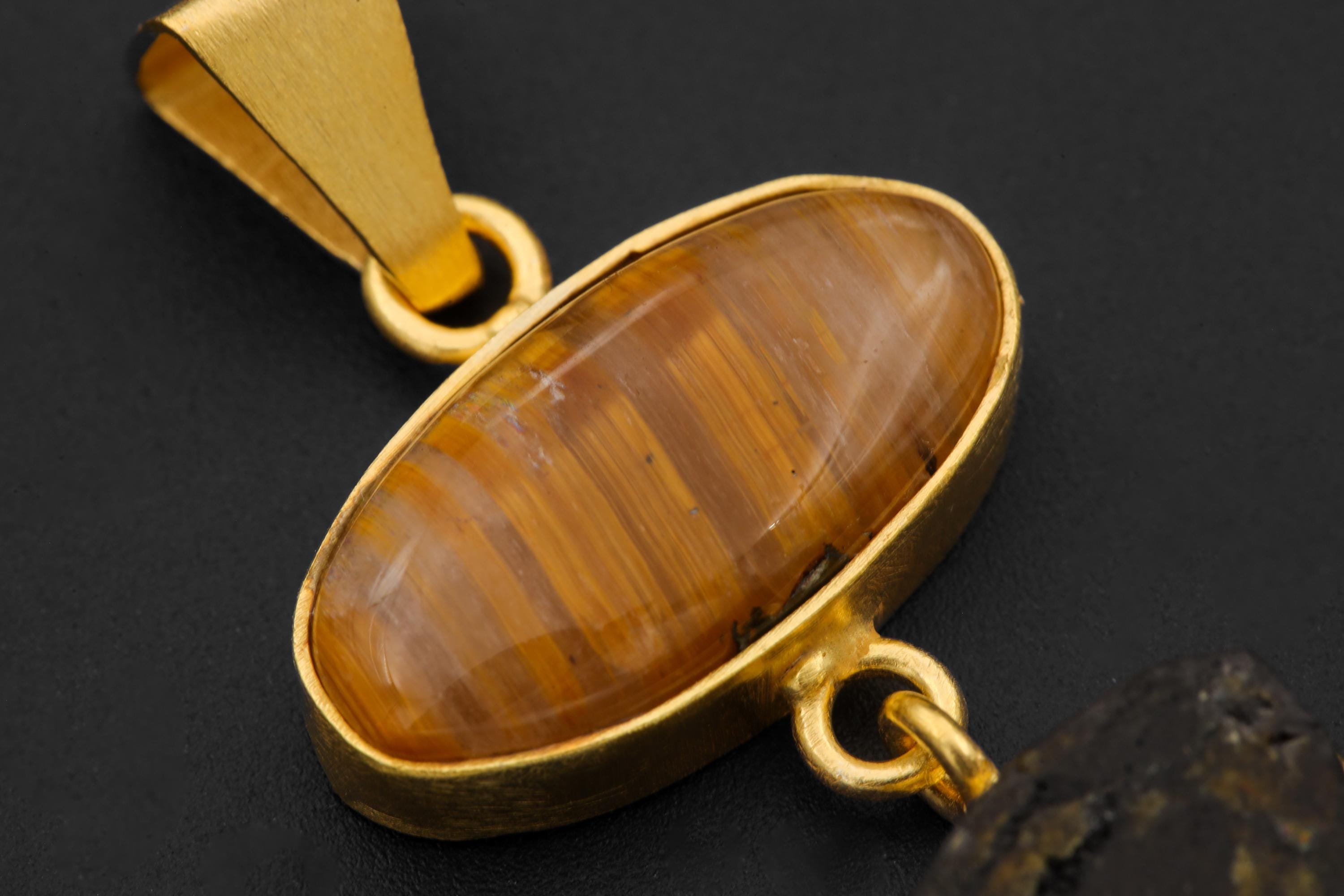 Golden Rutile & Dravite Brown Tourmaline Pendant, 18K Gold Plated 925 Silver, Brushed Textured Talisman, Chakra Energy, Handmade Jewelry