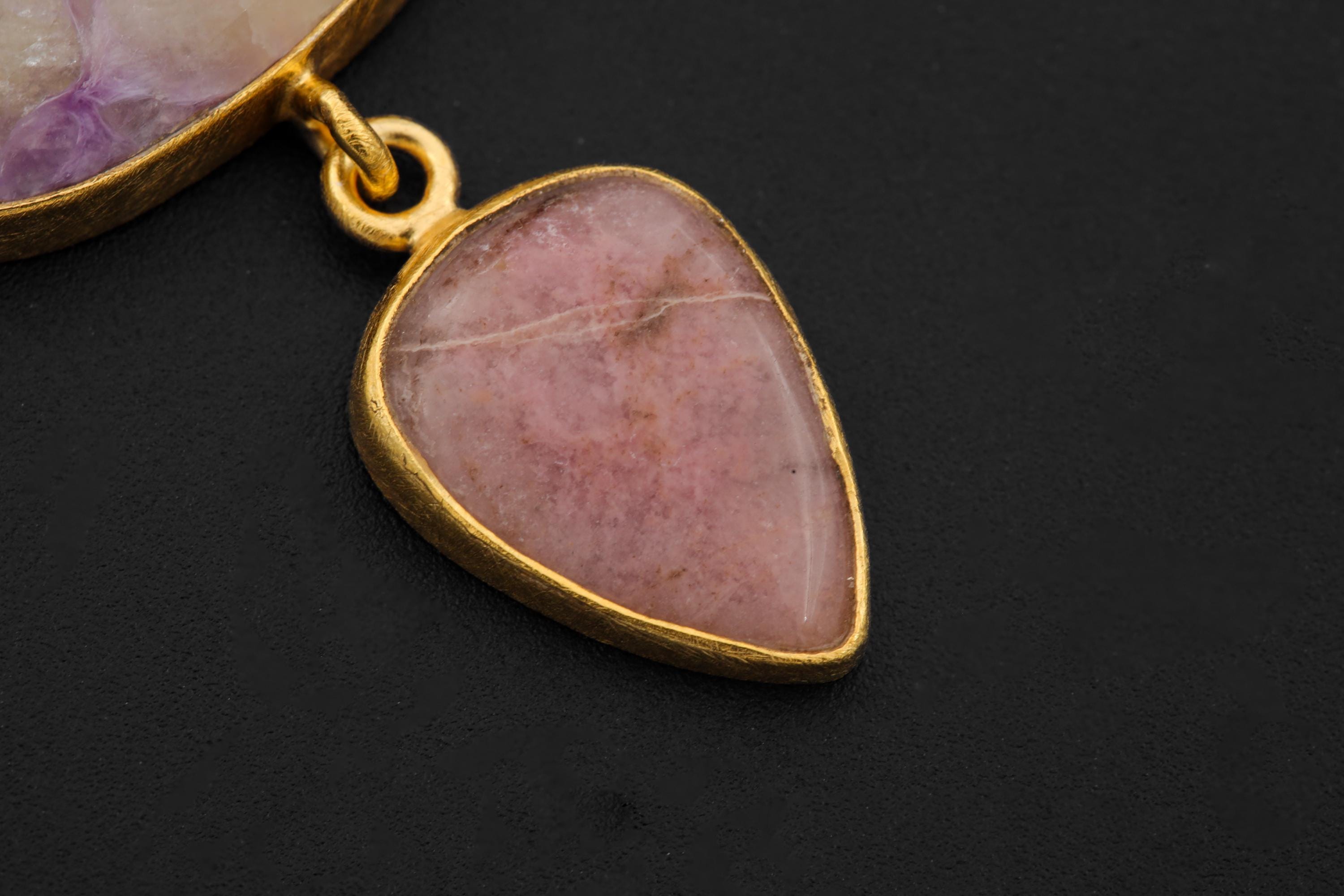 Sapphire Moonstone Charoite Rhodochrosite Pendant 18K Gold Plated 3 Micron, 925 Silver, Spiritual Jewelry, Heart & Crown Chakra Energy