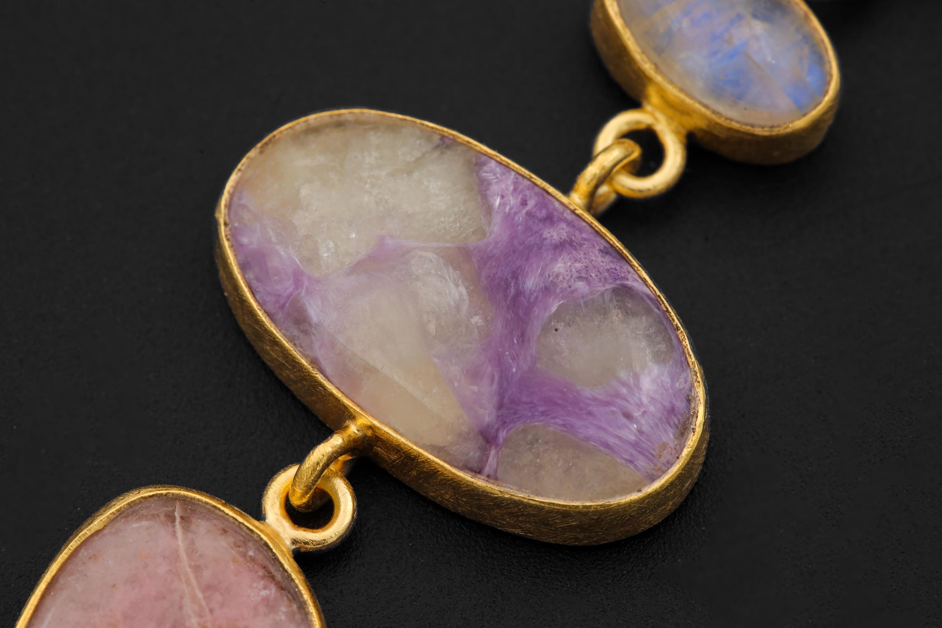 Sapphire Moonstone Charoite Rhodochrosite Pendant 18K Gold Plated 3 Micron, 925 Silver, Spiritual Jewelry, Heart & Crown Chakra Energy