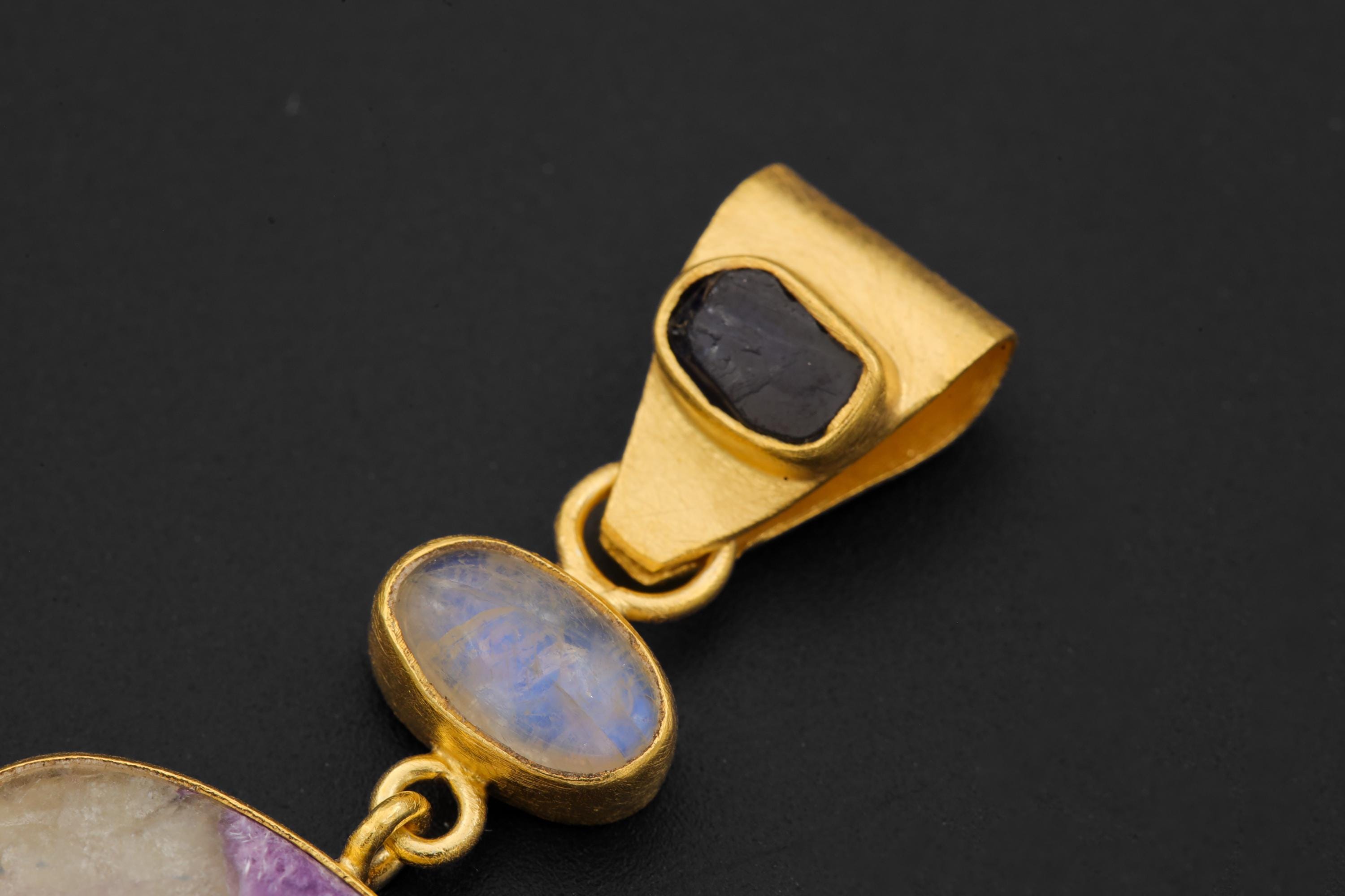 Sapphire Moonstone Charoite Rhodochrosite Pendant 18K Gold Plated 3 Micron, 925 Silver, Spiritual Jewelry, Heart & Crown Chakra Energy