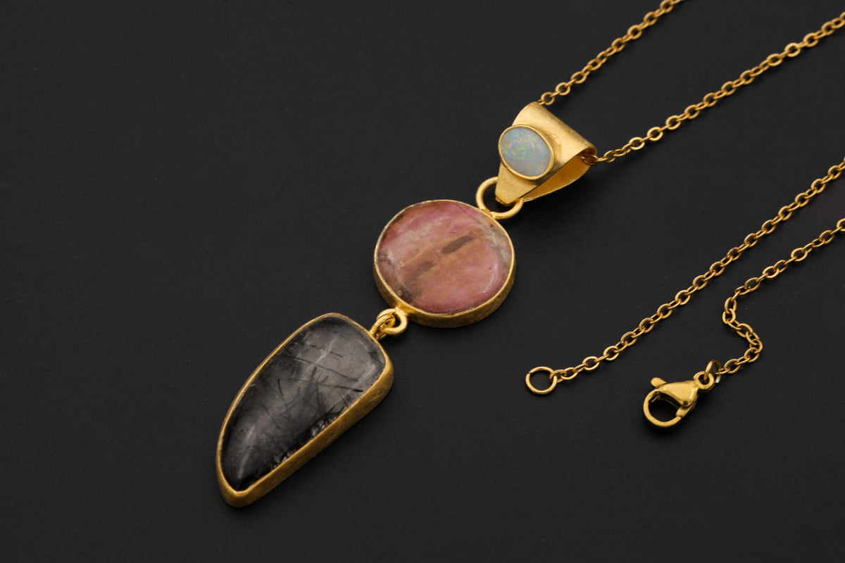 Australian Opal Rhodochrosite Rutilated Quartz Pendant 18K Gold Plated 925 Silver, Brushed Textured, Crystal Jewelry, Handmade Talisman Gift