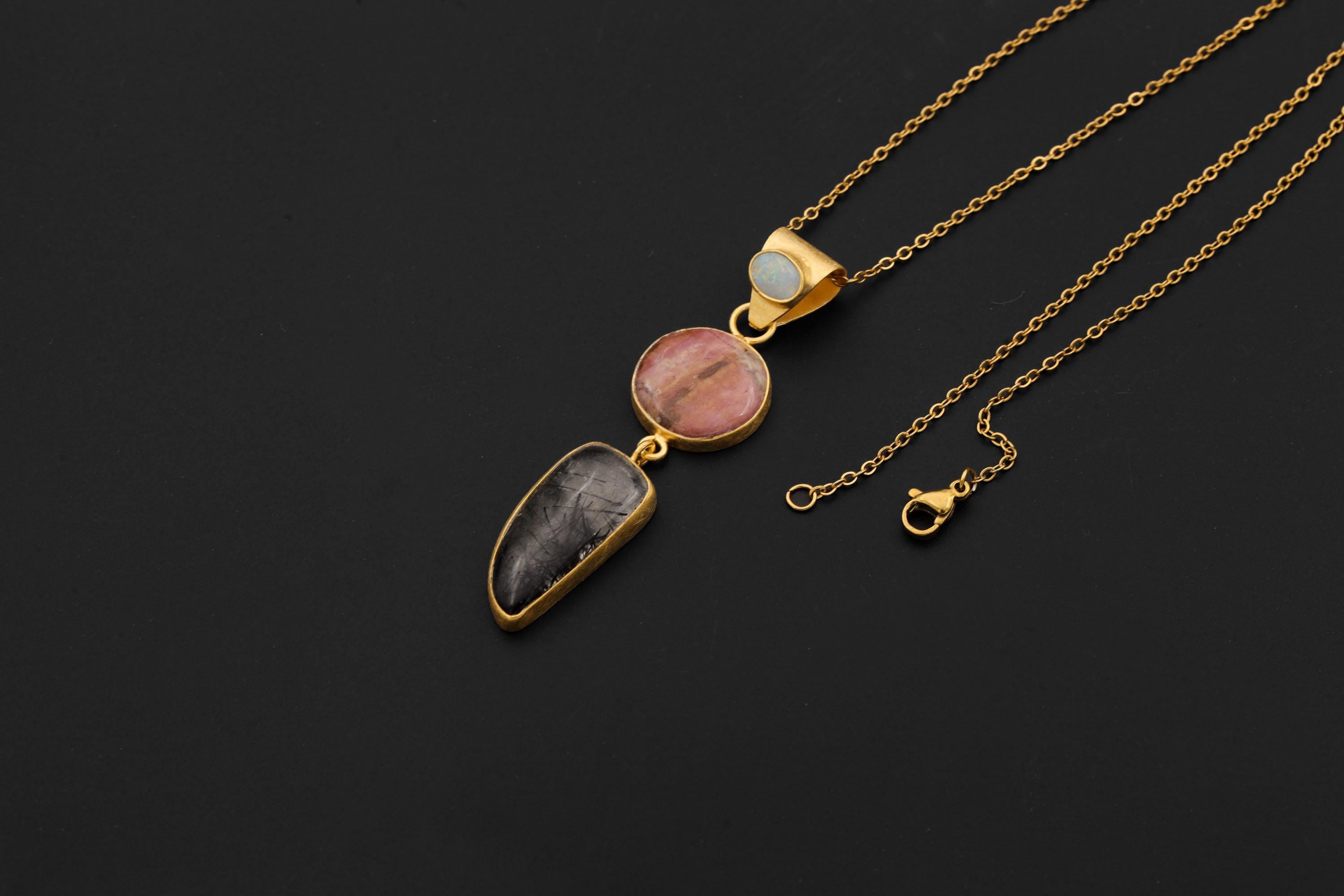 Australian Opal Rhodochrosite Rutilated Quartz Pendant 18K Gold Plated 925 Silver, Brushed Textured, Crystal Jewelry, Handmade Talisman Gift