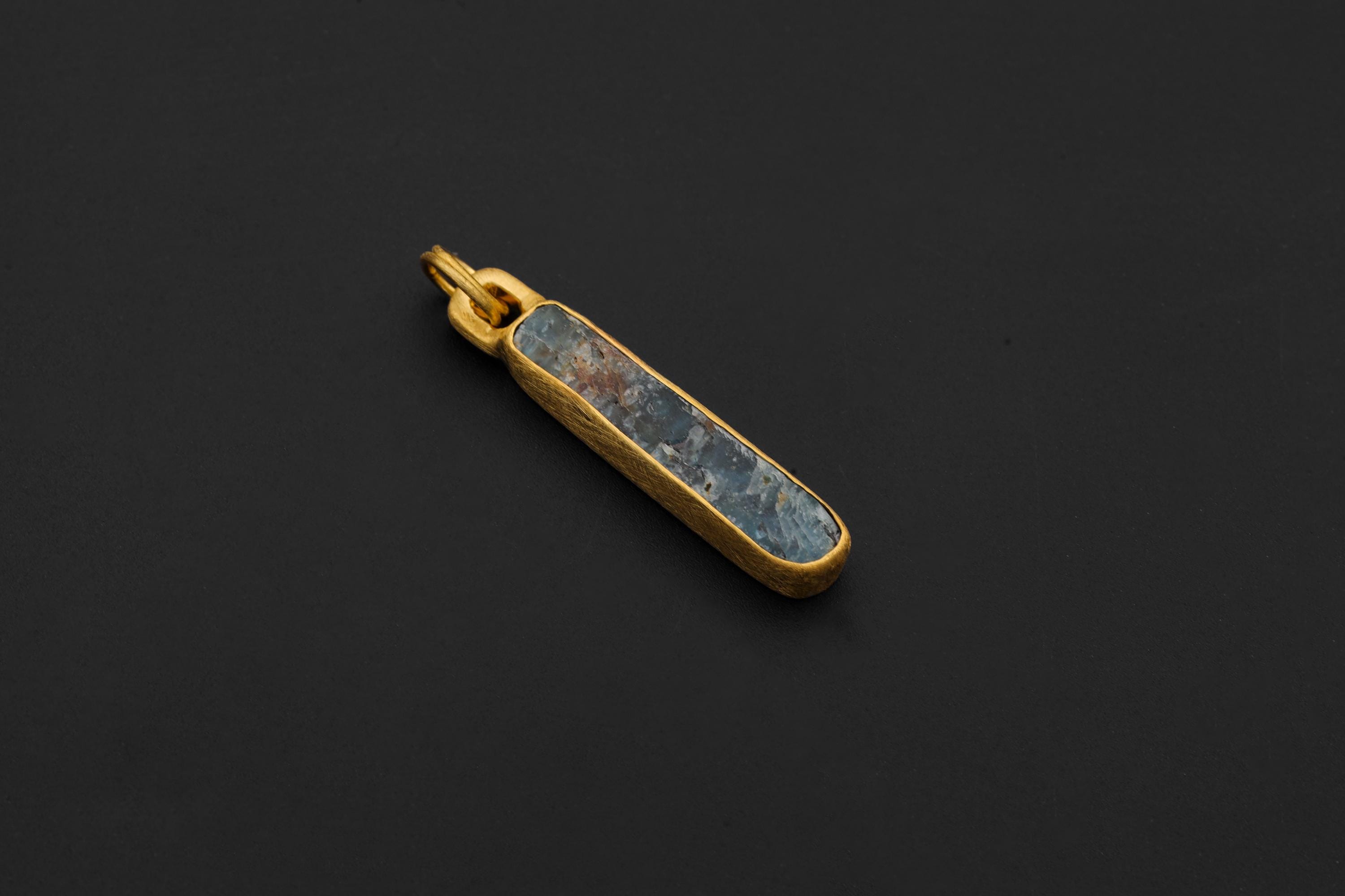 Australian Ocean Kyanite Pendant, 925 Silver, 18K Gold Plated, Raw Long Bar Necklace, Sand Textured Finish, Pisces Healing Jewelry