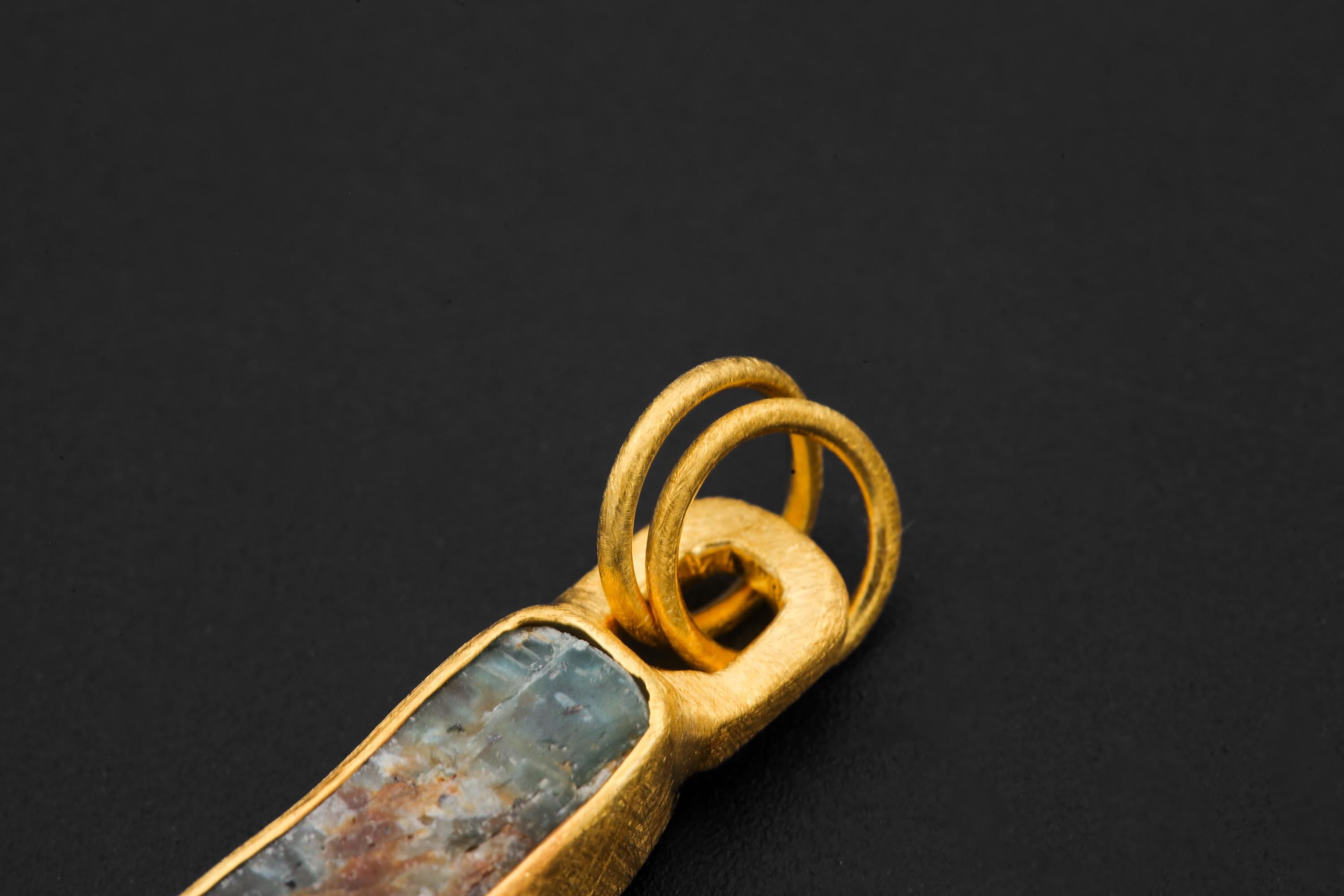 Australian Ocean Kyanite Pendant, 925 Silver, 18K Gold Plated, Raw Long Bar Necklace, Sand Textured Finish, Pisces Healing Jewelry