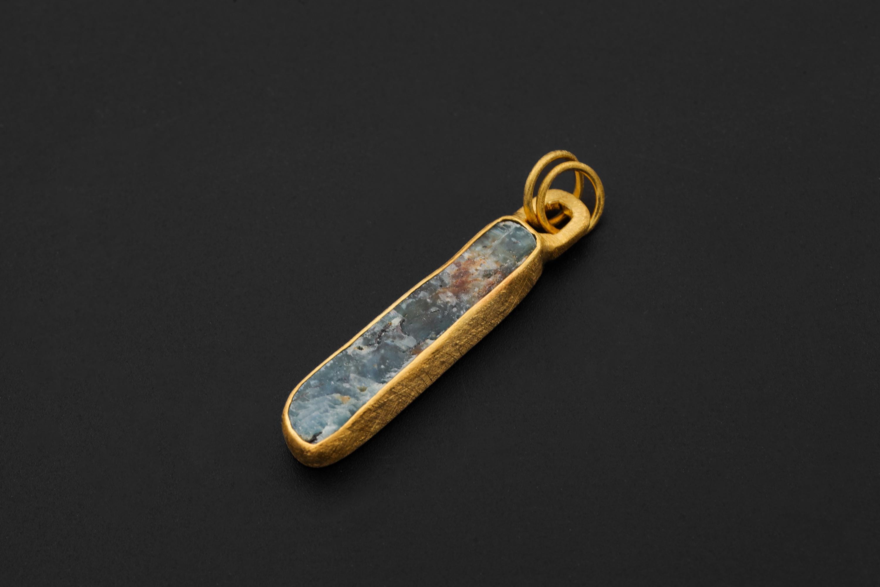 Australian Ocean Kyanite Pendant, 925 Silver, 18K Gold Plated, Raw Long Bar Necklace, Sand Textured Finish, Pisces Healing Jewelry