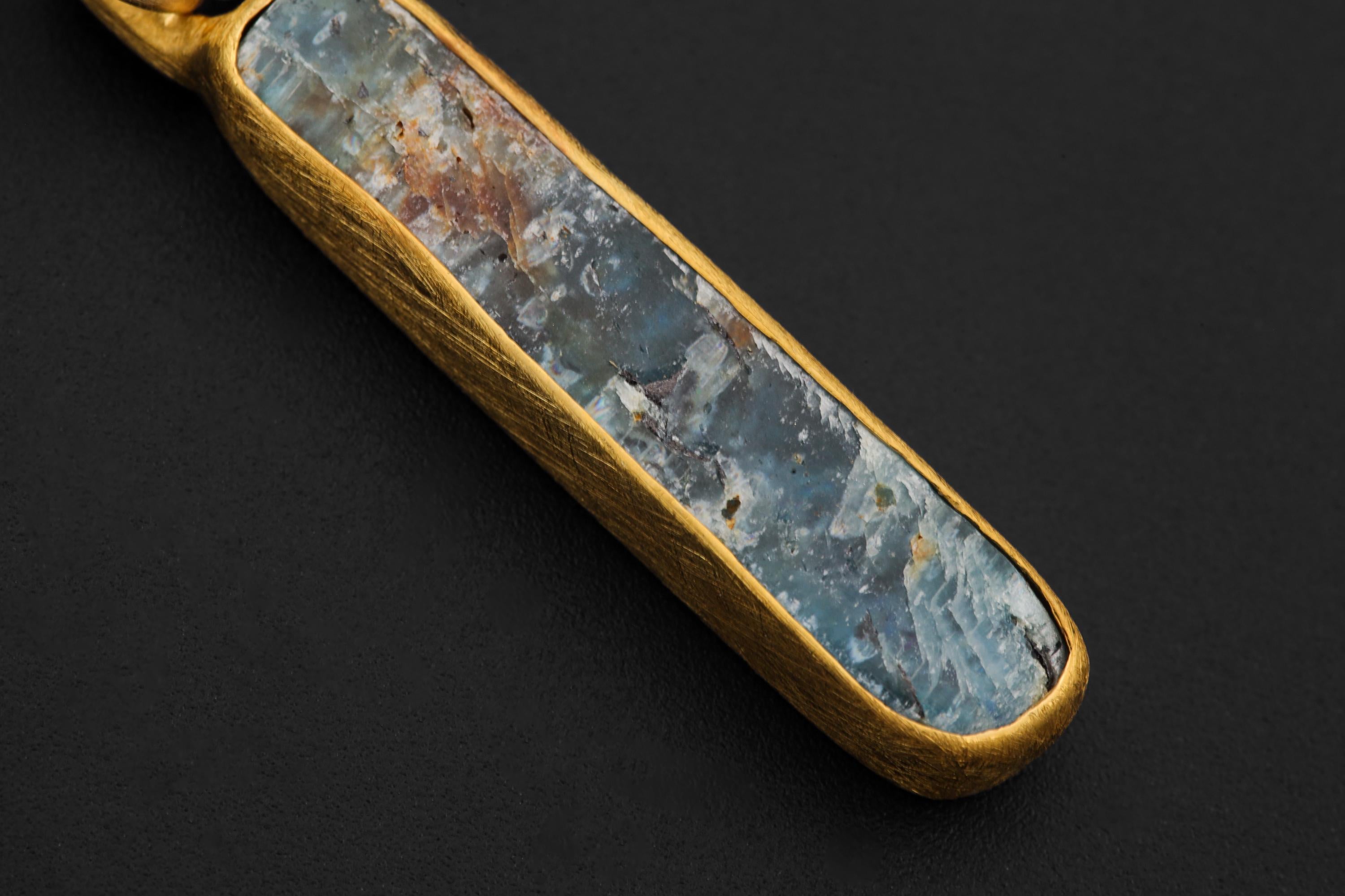 Australian Ocean Kyanite Pendant, 925 Silver, 18K Gold Plated, Raw Long Bar Necklace, Sand Textured Finish, Pisces Healing Jewelry