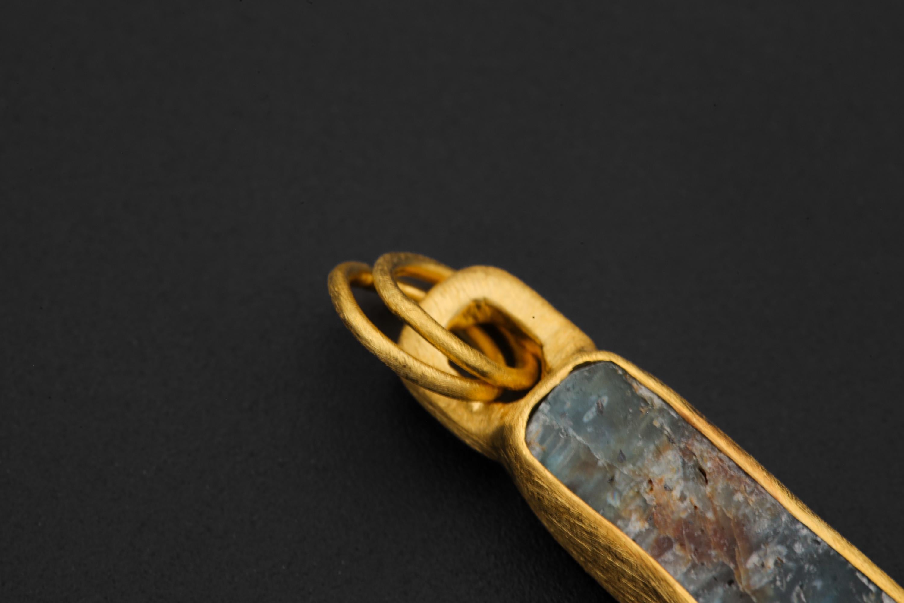 Australian Ocean Kyanite Pendant, 925 Silver, 18K Gold Plated, Raw Long Bar Necklace, Sand Textured Finish, Pisces Healing Jewelry
