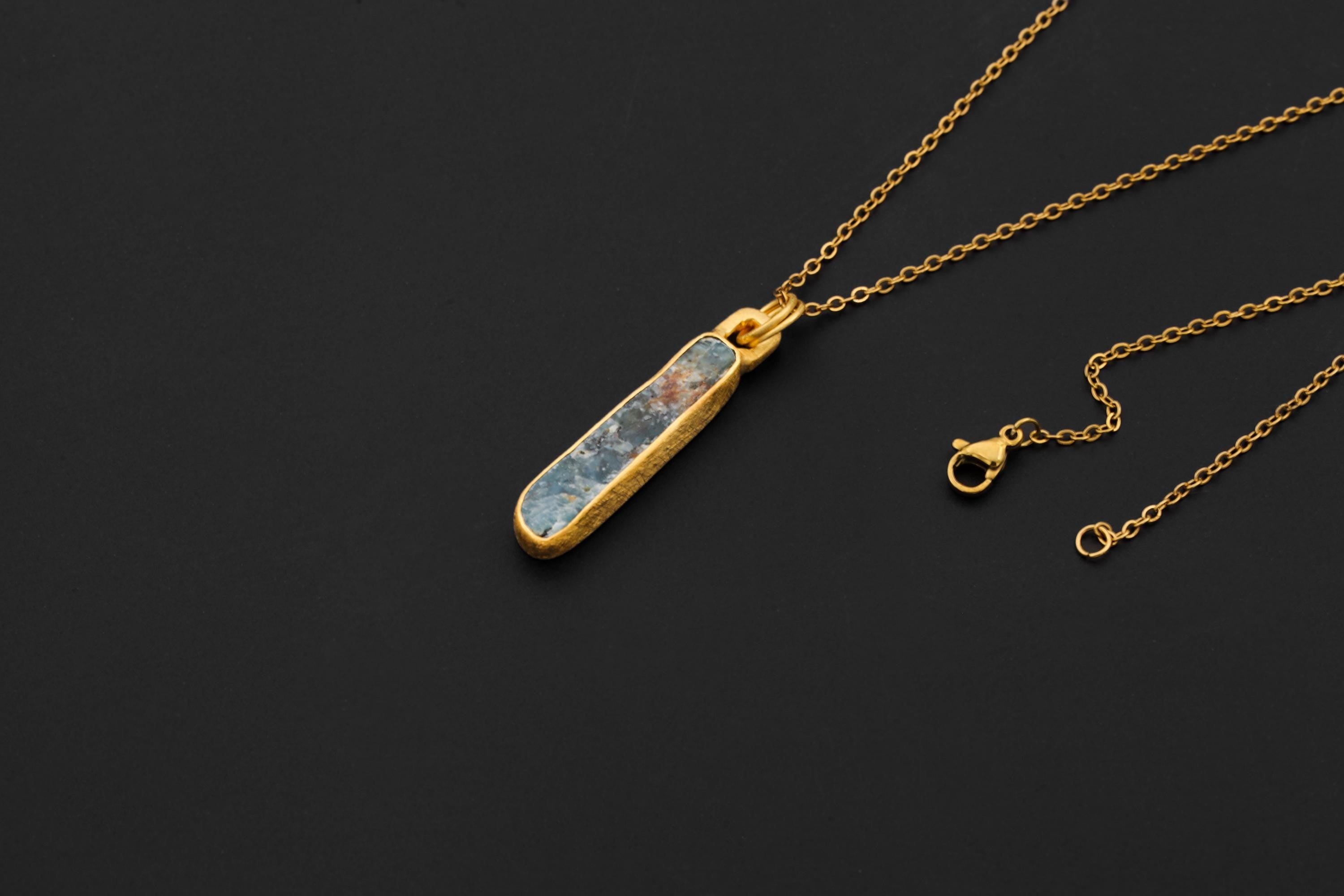 Australian Ocean Kyanite Pendant, 925 Silver, 18K Gold Plated, Raw Long Bar Necklace, Sand Textured Finish, Pisces Healing Jewelry