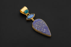 Apatite Labradorite Lapis Lazuli Pendant 18K Gold Plated 925 Silver, Brushed Textured Statement Crystal Jewelry, Blue Chakra Healing Gift