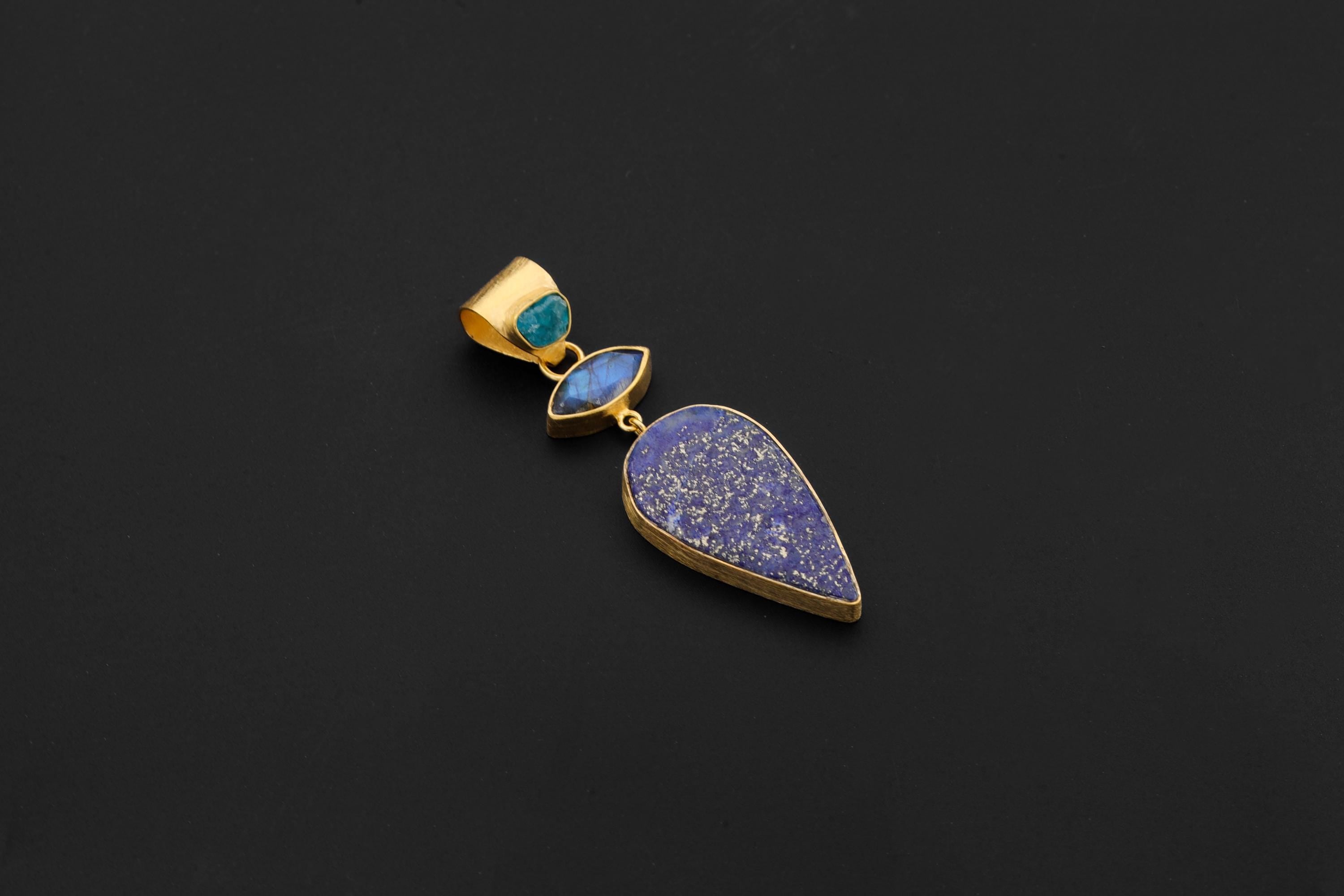 Lapis Lazuli Apatite Labradorite Pendant 925 Silver Gold Plated Brushed Texture Blue Gemstone Jewelry