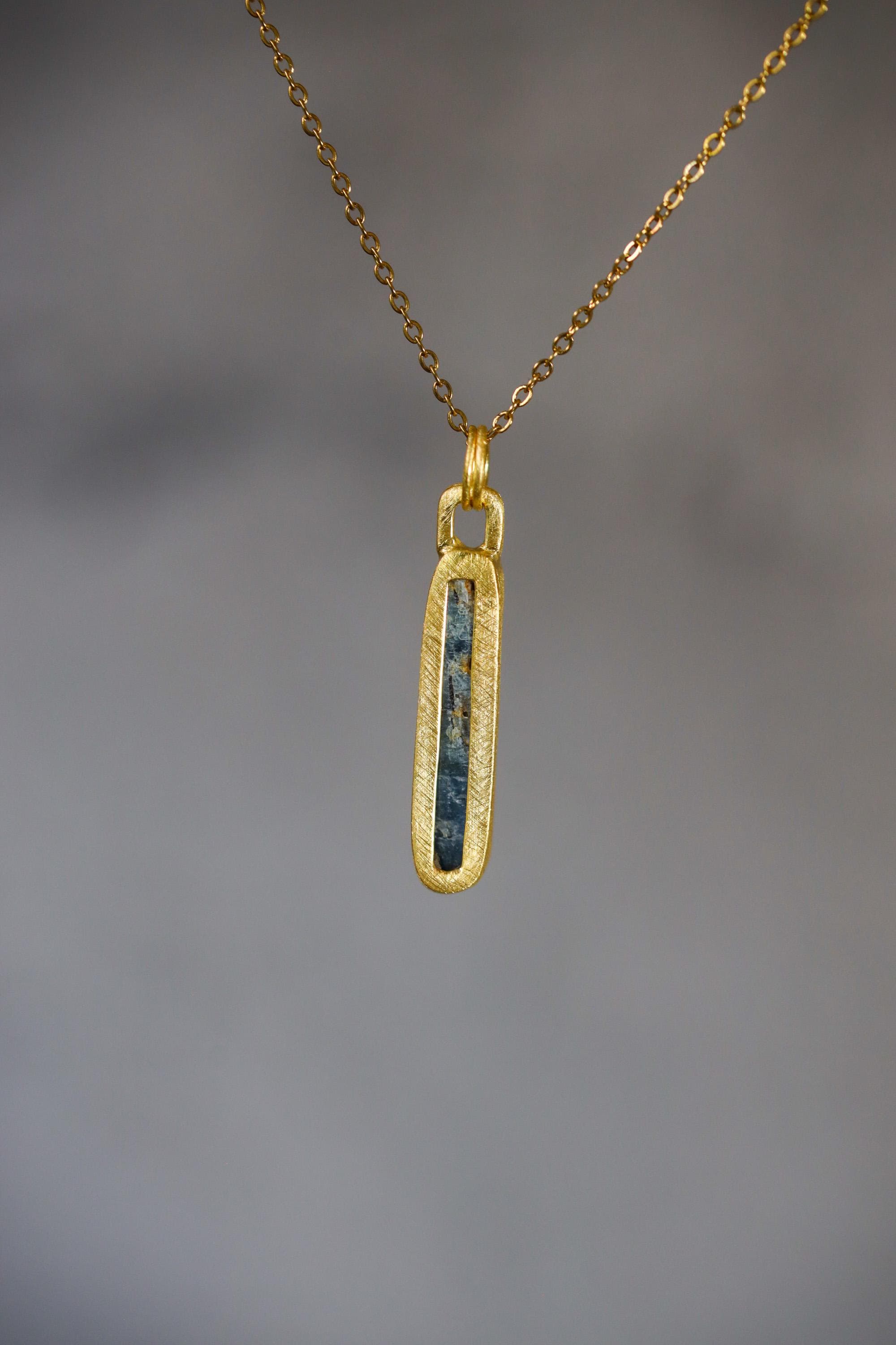 Australian Ocean Kyanite Pendant, 925 Silver, 18K Gold Plated, Raw Long Bar Necklace, Sand Textured Finish, Pisces Healing Jewelry