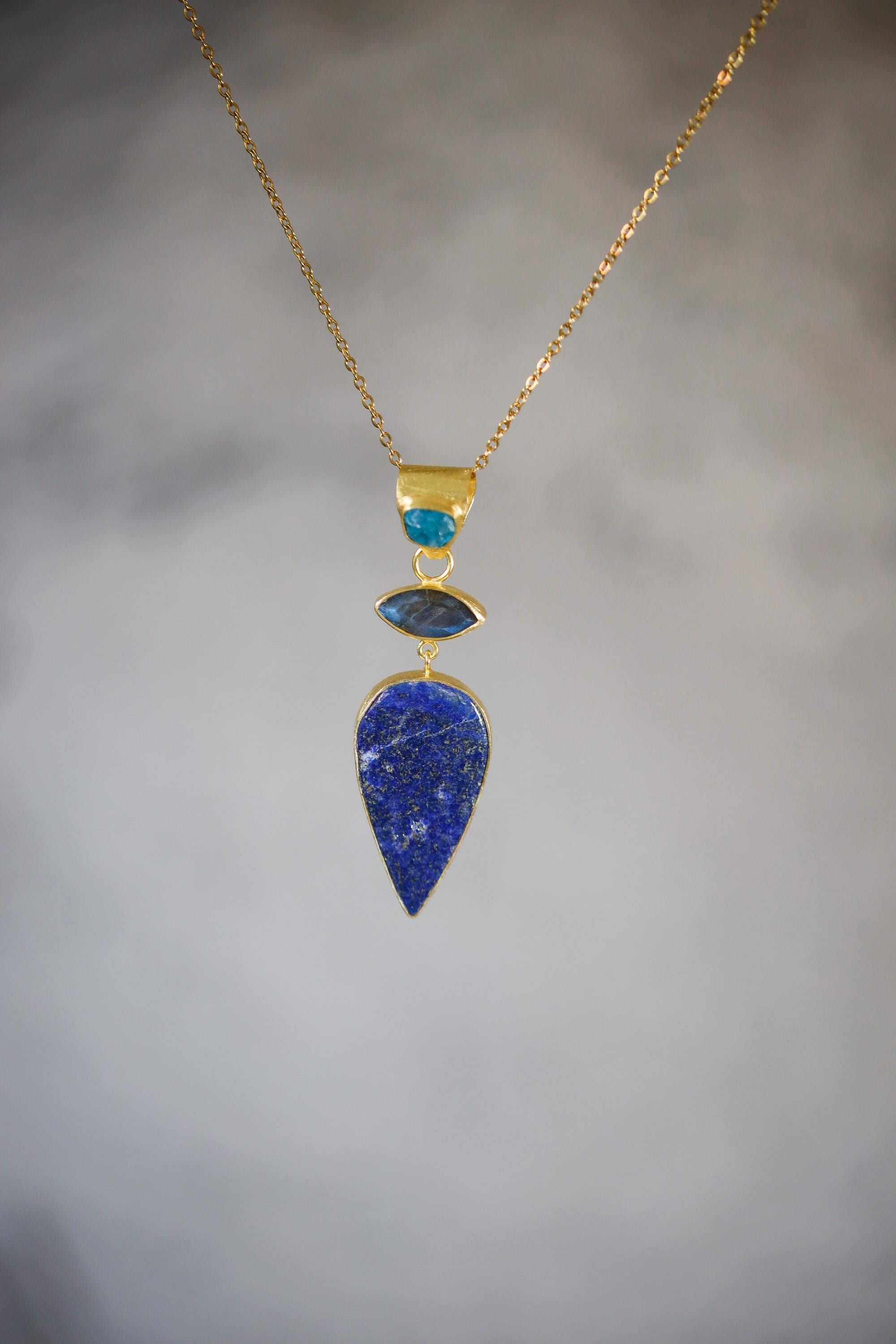 Apatite Labradorite Lapis Lazuli Pendant 18K Gold Plated 925 Silver, Brushed Textured Statement Crystal Jewelry, Blue Chakra Healing Gift