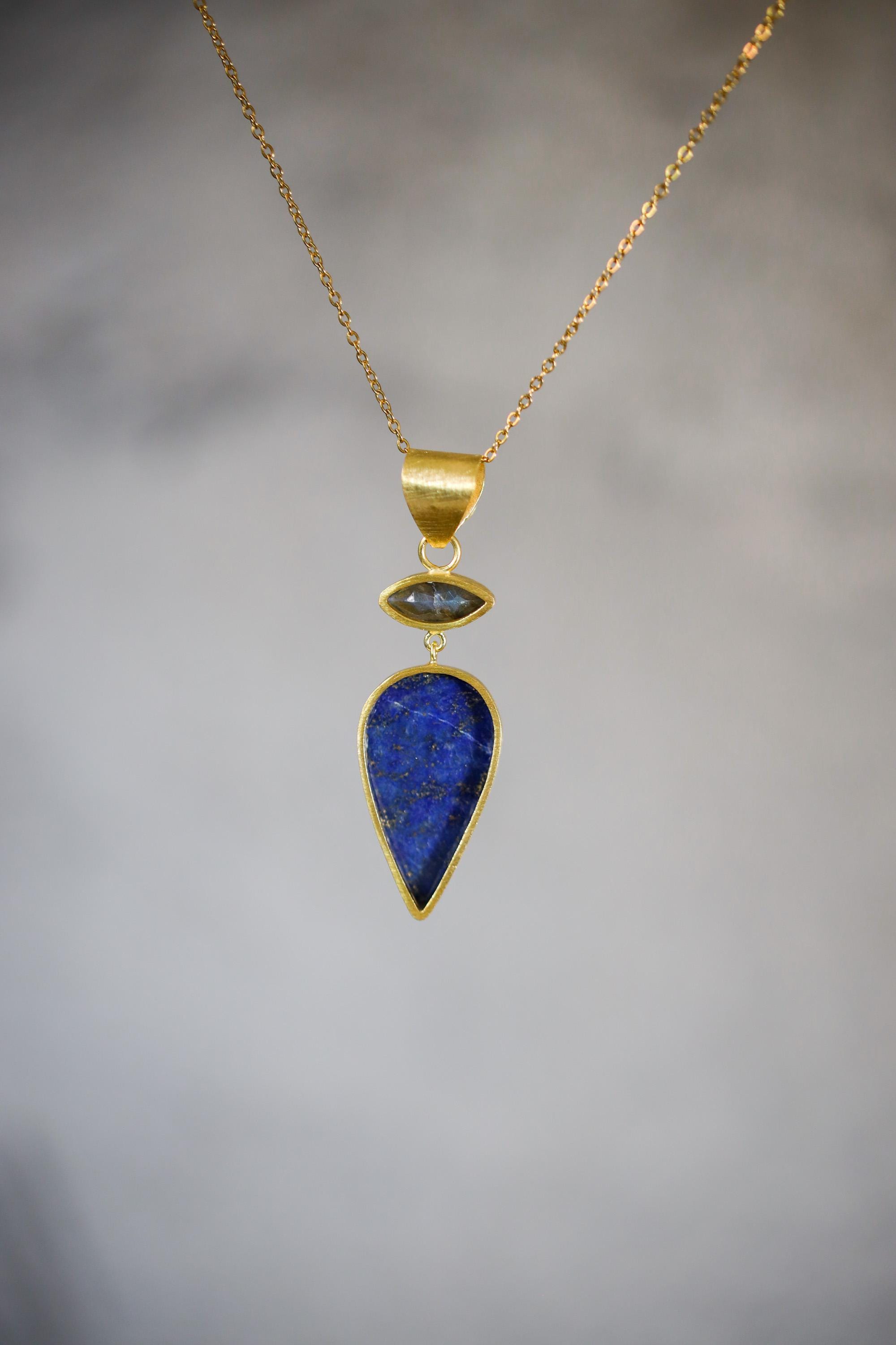 Apatite Labradorite Lapis Lazuli Pendant 18K Gold Plated 925 Silver, Brushed Textured Statement Crystal Jewelry, Blue Chakra Healing Gift