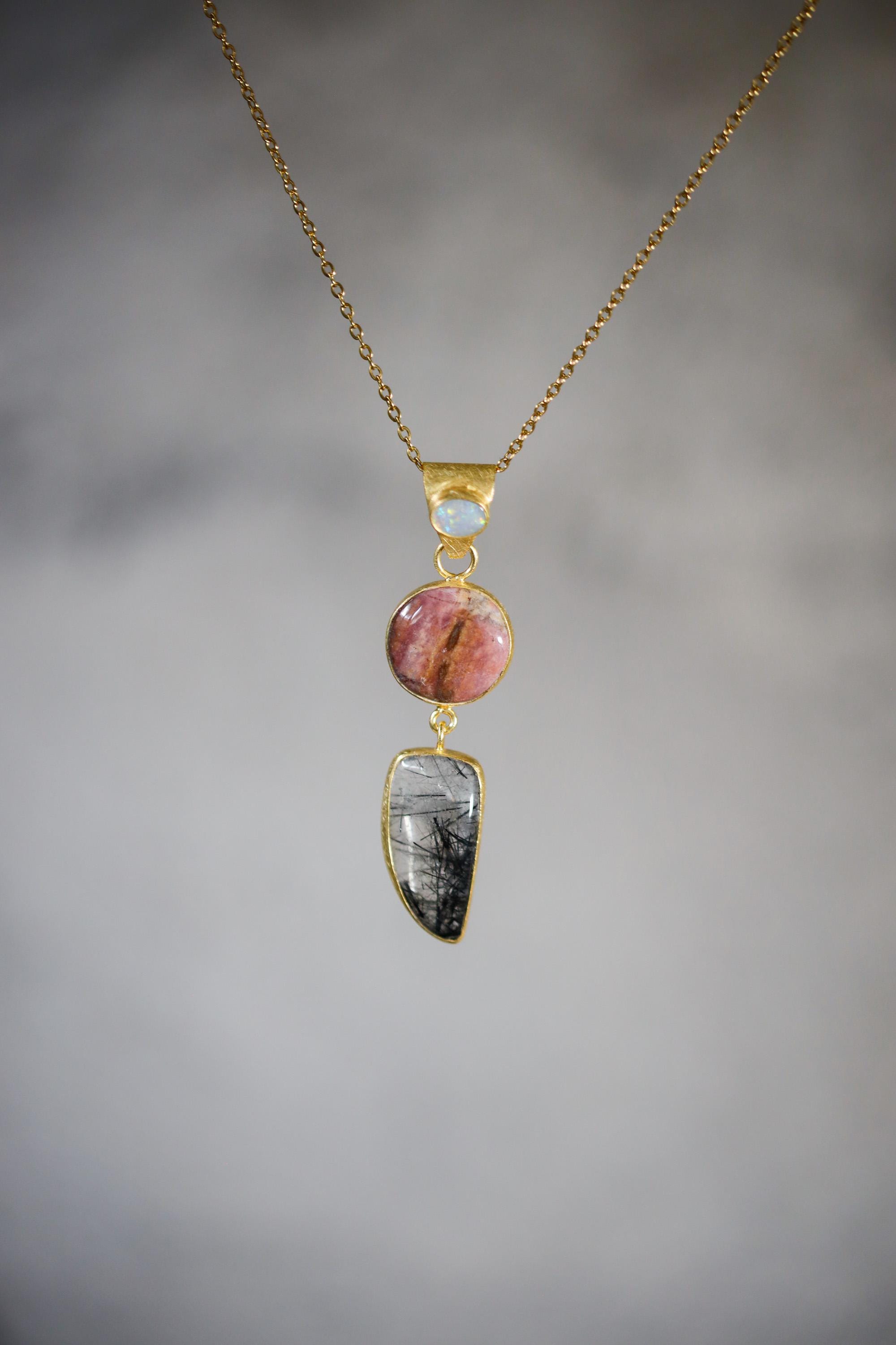 Australian Opal Rhodochrosite Rutilated Quartz Pendant 18K Gold Plated 925 Silver, Brushed Textured, Crystal Jewelry, Handmade Talisman Gift
