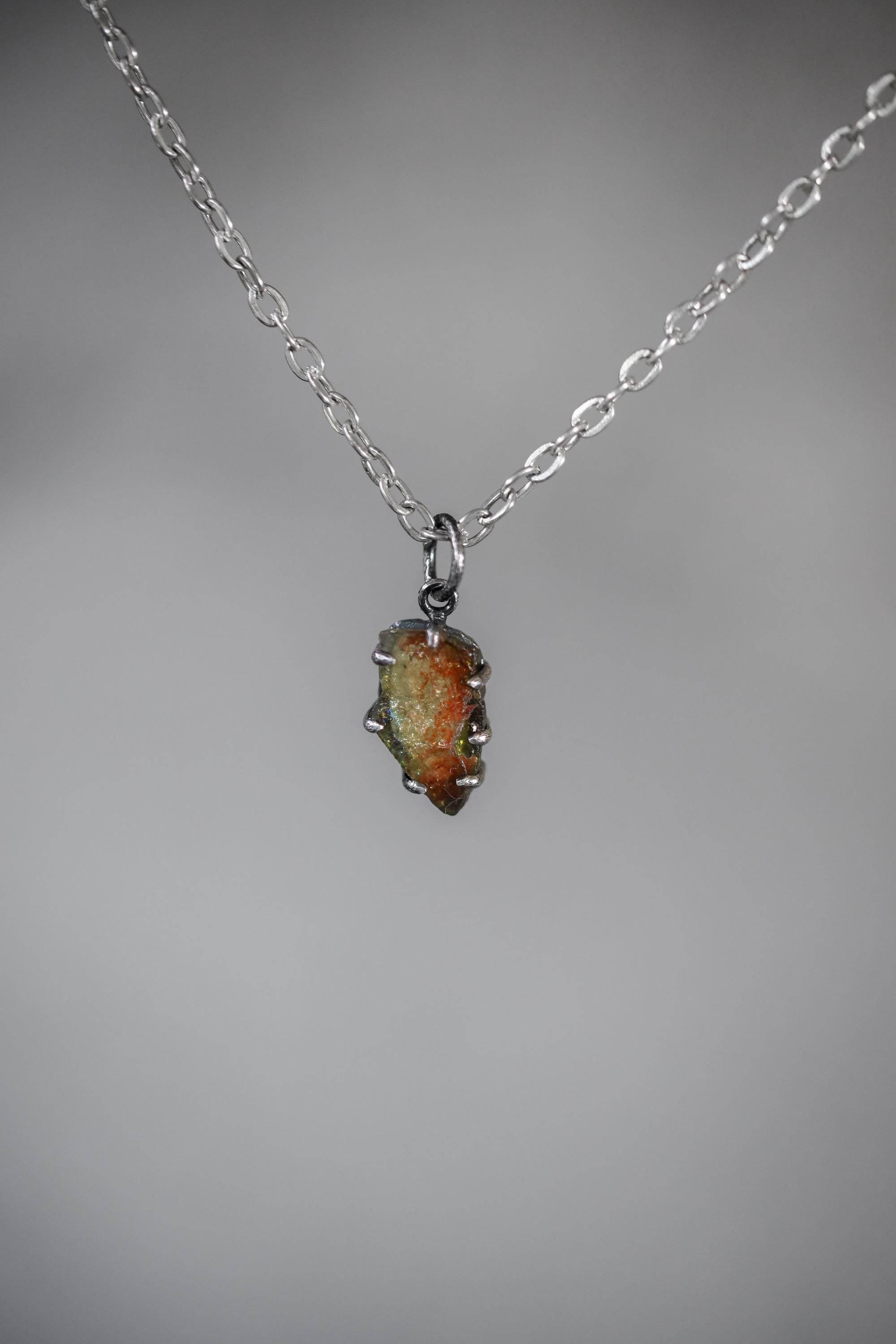 Polished Slice of Natural Watermelon Tourmaline Wand with Darker Rind Pendant, 925 Sterling Silver, Hammer Textured Oxidized, Claw Setting