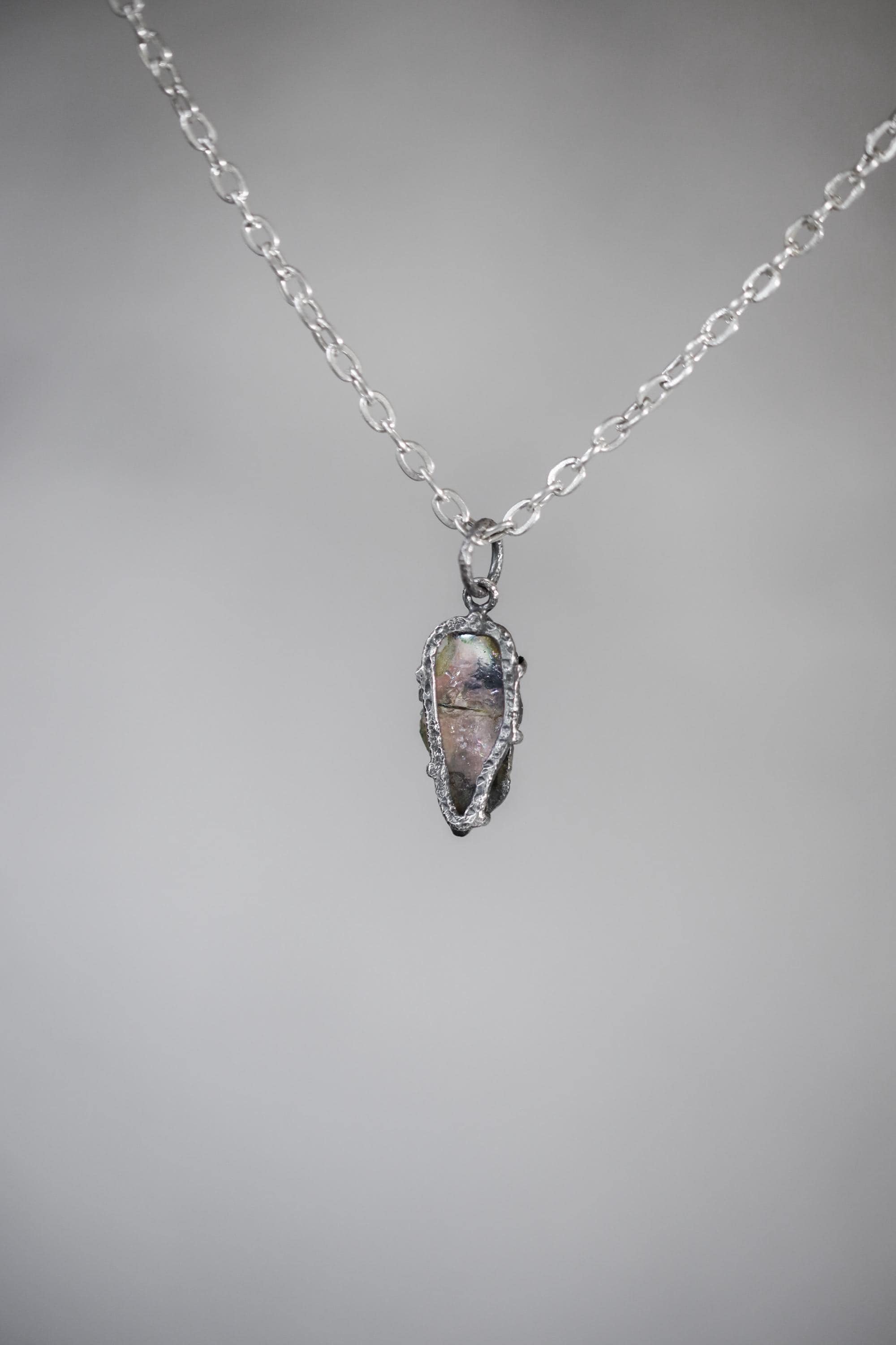 Polished Slice of Natural Watermelon Tourmaline Wand with Darker Rind Pendant, 925 Silver, Oxidized, Heart Chakra Crystal Jewelry Gift