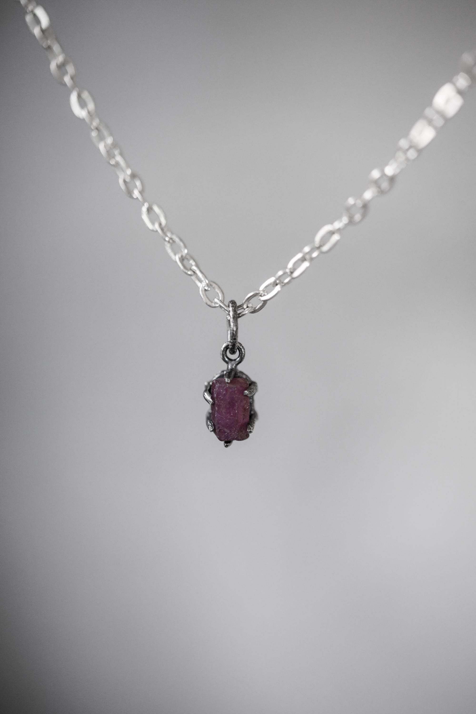 High Grade 6 Sided Natural Gem Ruby (corundum) Wand Pendant, Sterling Silver Hammered Textured & Oxidized July Birthstone Handmade Jewelry