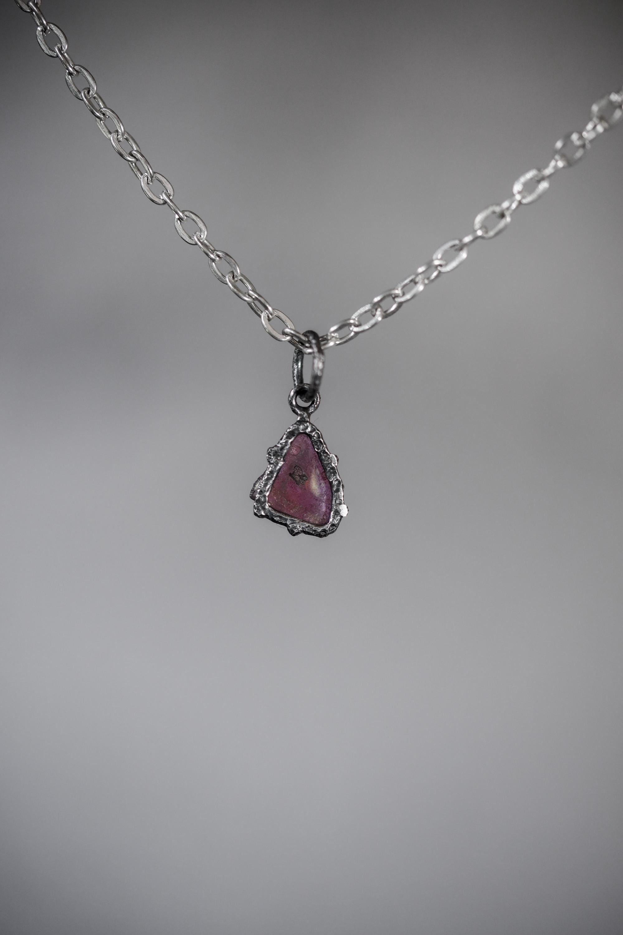 Polished Slice of High-Grade Natural Pink Tourmaline Wand with Darker Rind Pendant Sterling Silver Claw Setting Oxidized Finish