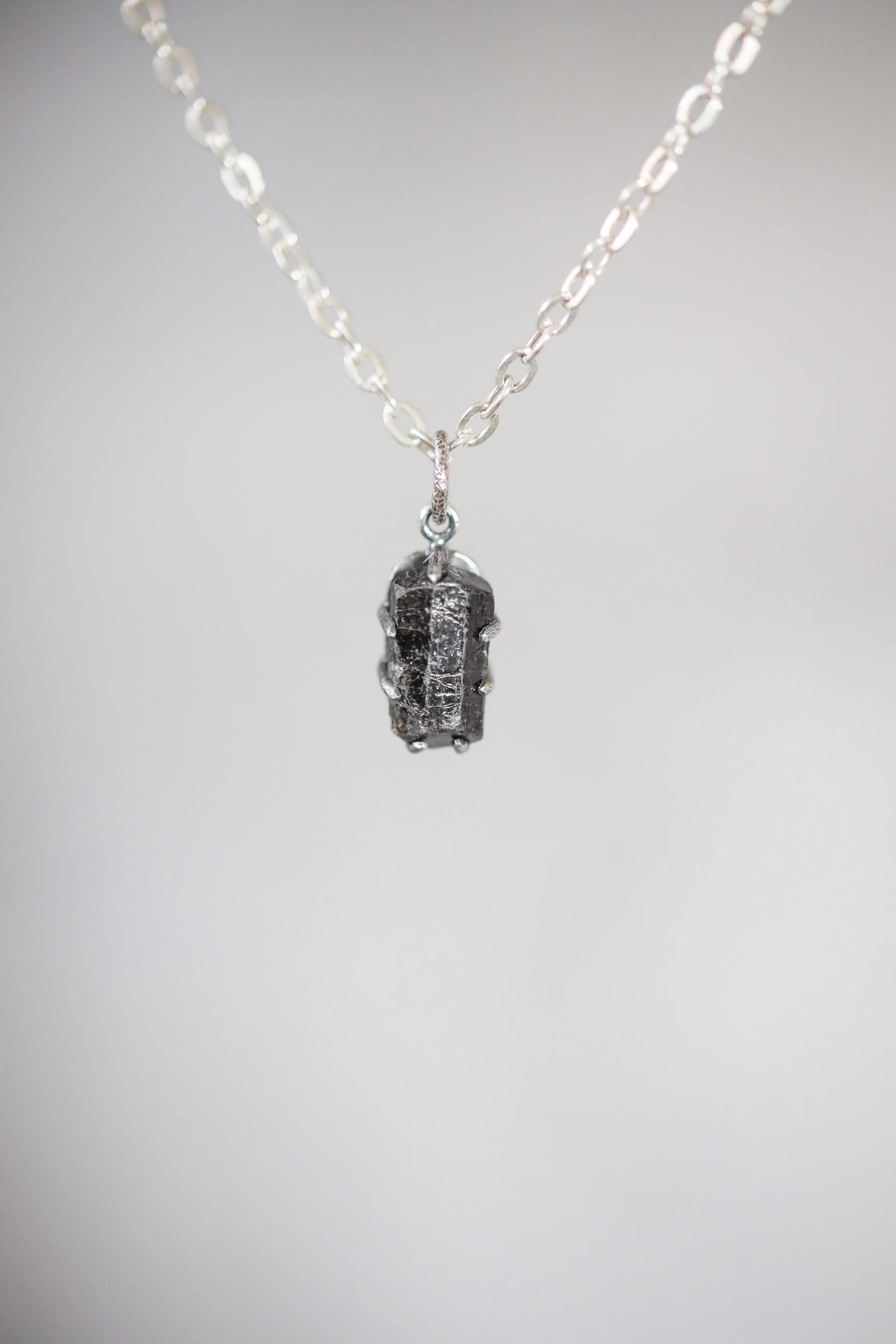 Raw Black Tourmaline Pendant, Oxidized Sterling Silver Claw Setting