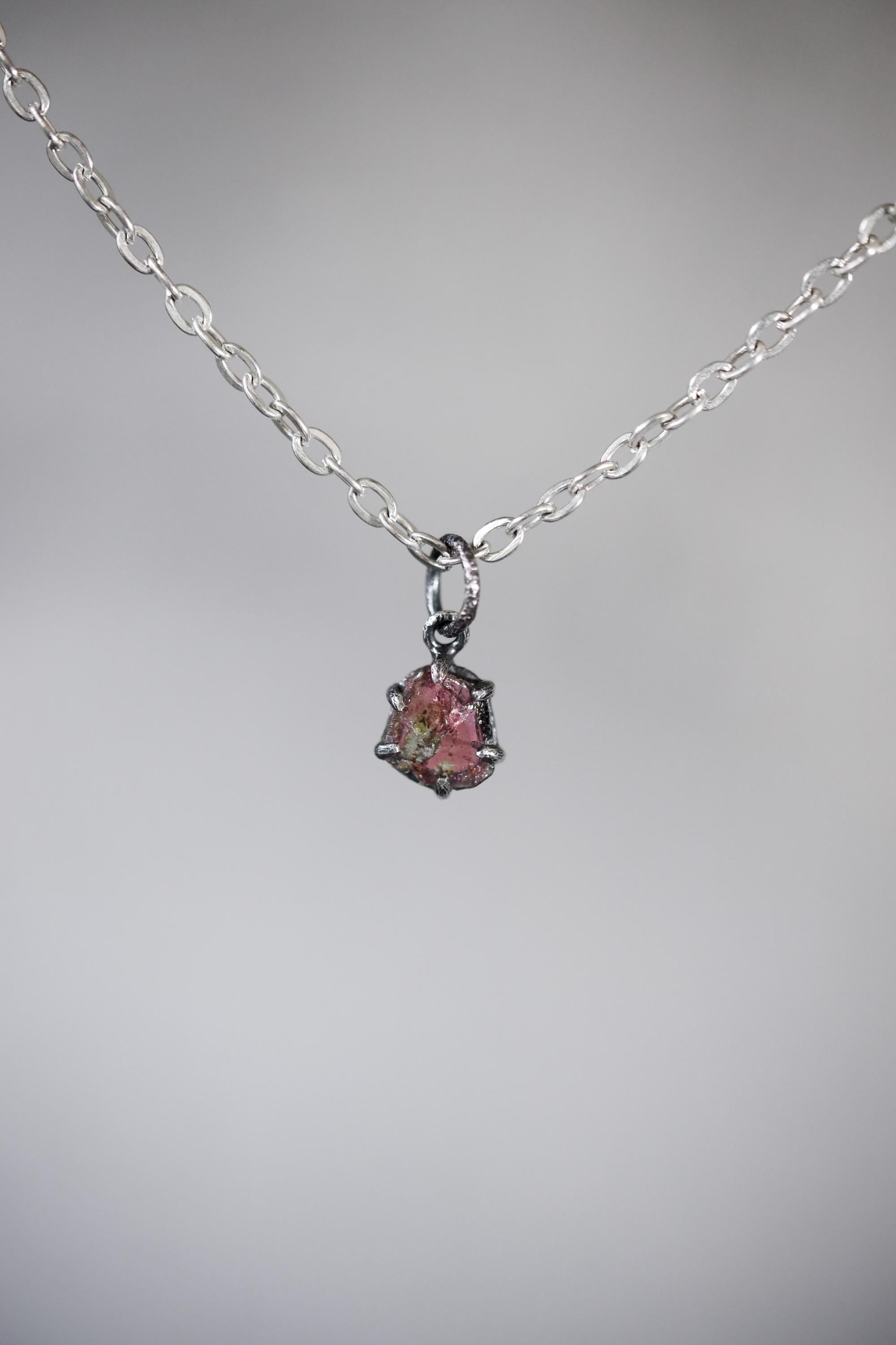 Polished slice of Natural Pink Tourmaline (Rubellite) wand with Darker Rind Pendant, Sterling Silver Claw Setting, Oxidized Hammer Finish